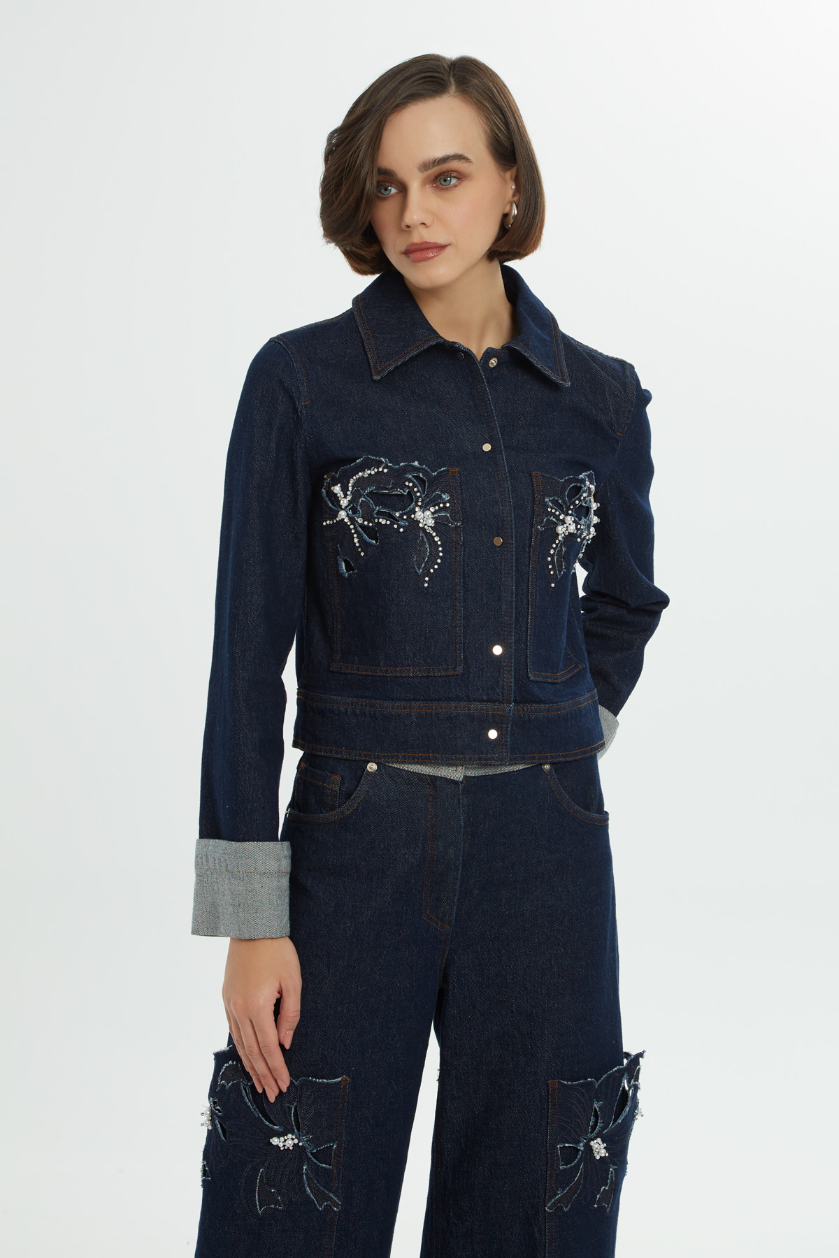 İncili İşlemeli Denim Ceket