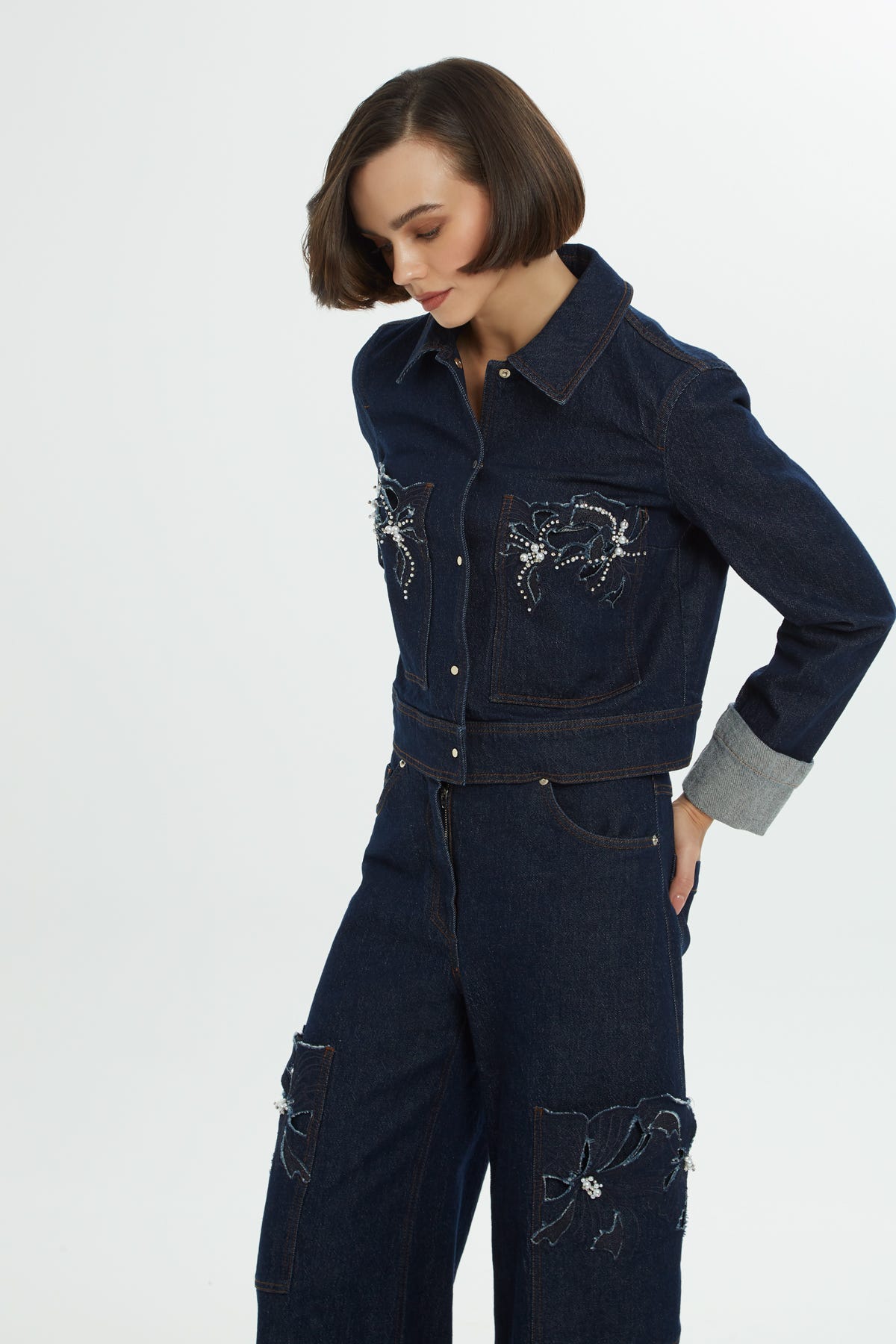 İncili İşlemeli Denim Ceket