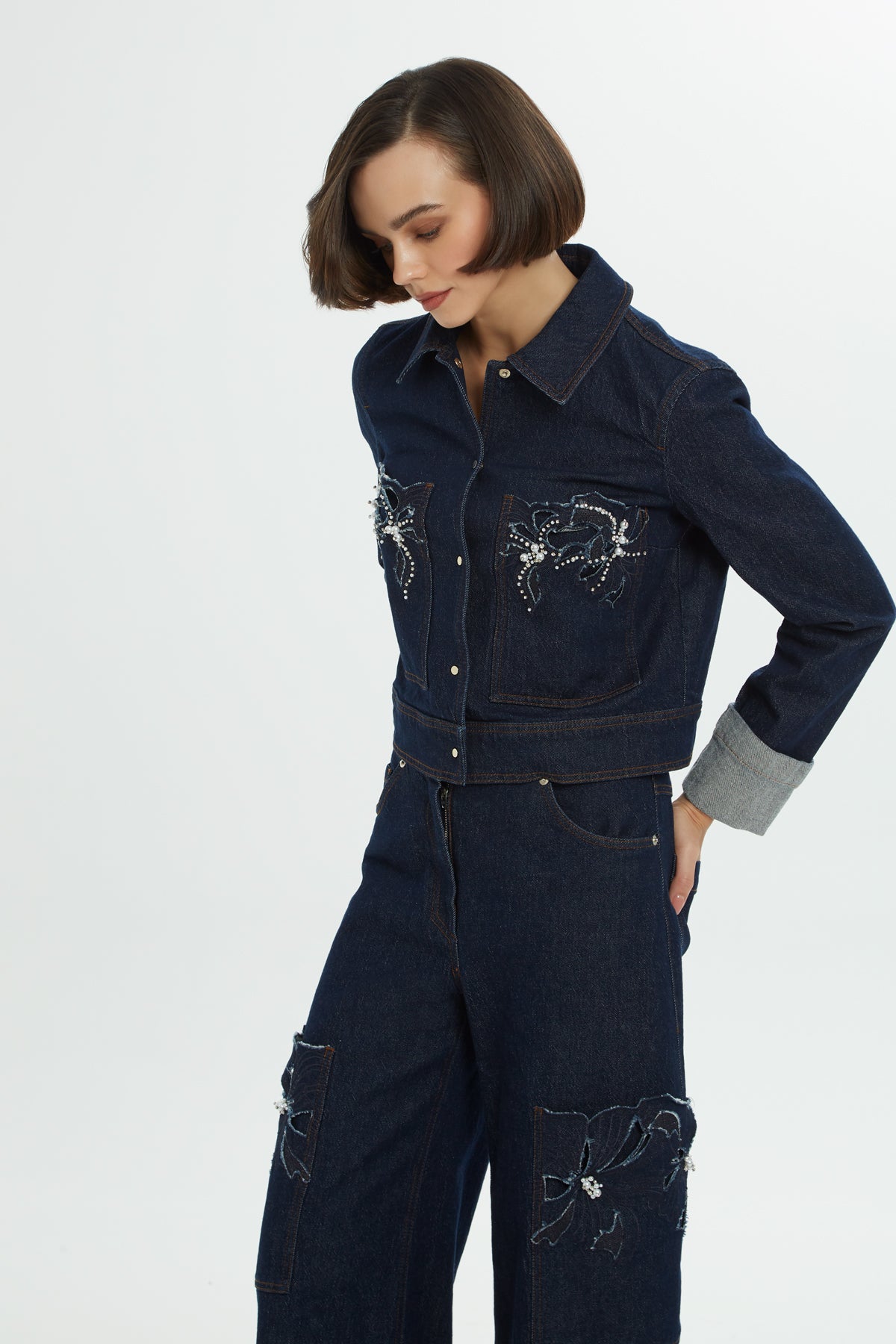 İncili İşlemeli Jean Ceket