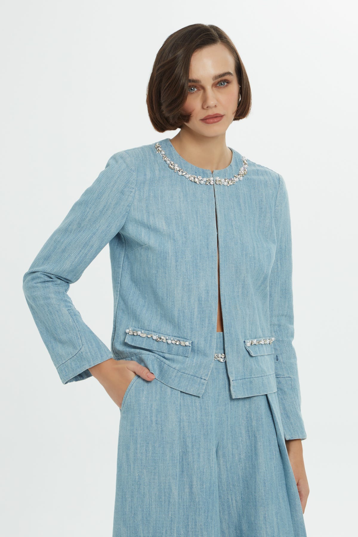 İşlemeli Denim Ceket