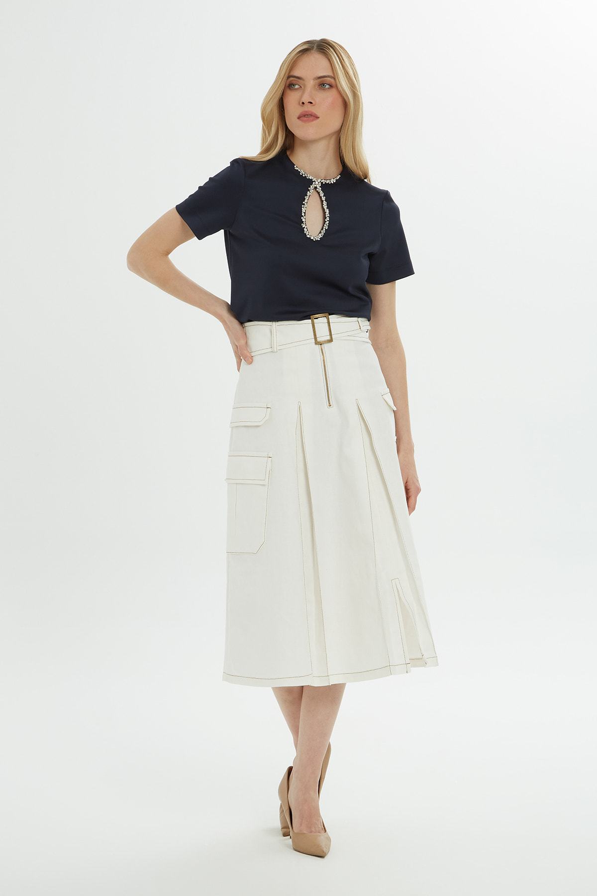 Cep Detaylı A Form Midi Etek