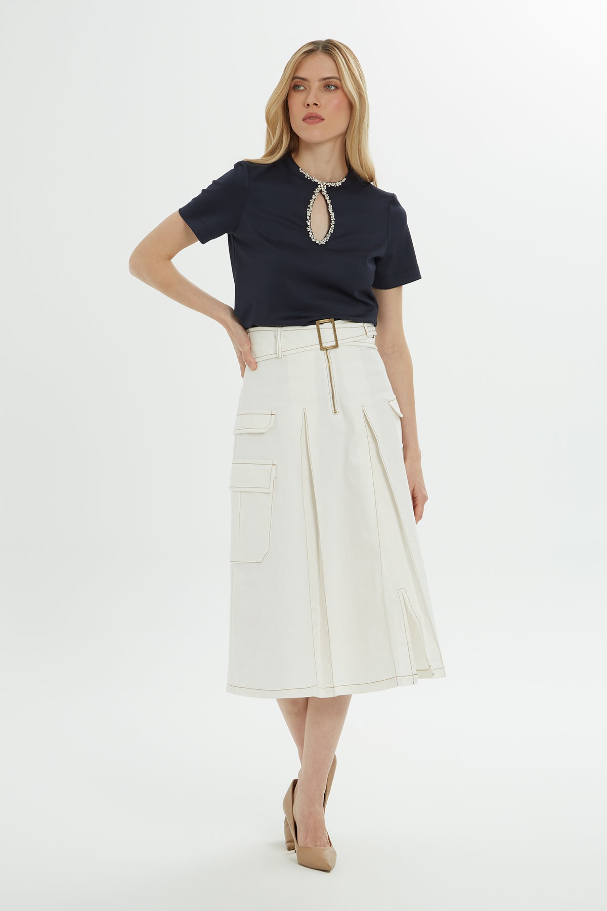 Cep Detaylı A Form Midi Etek