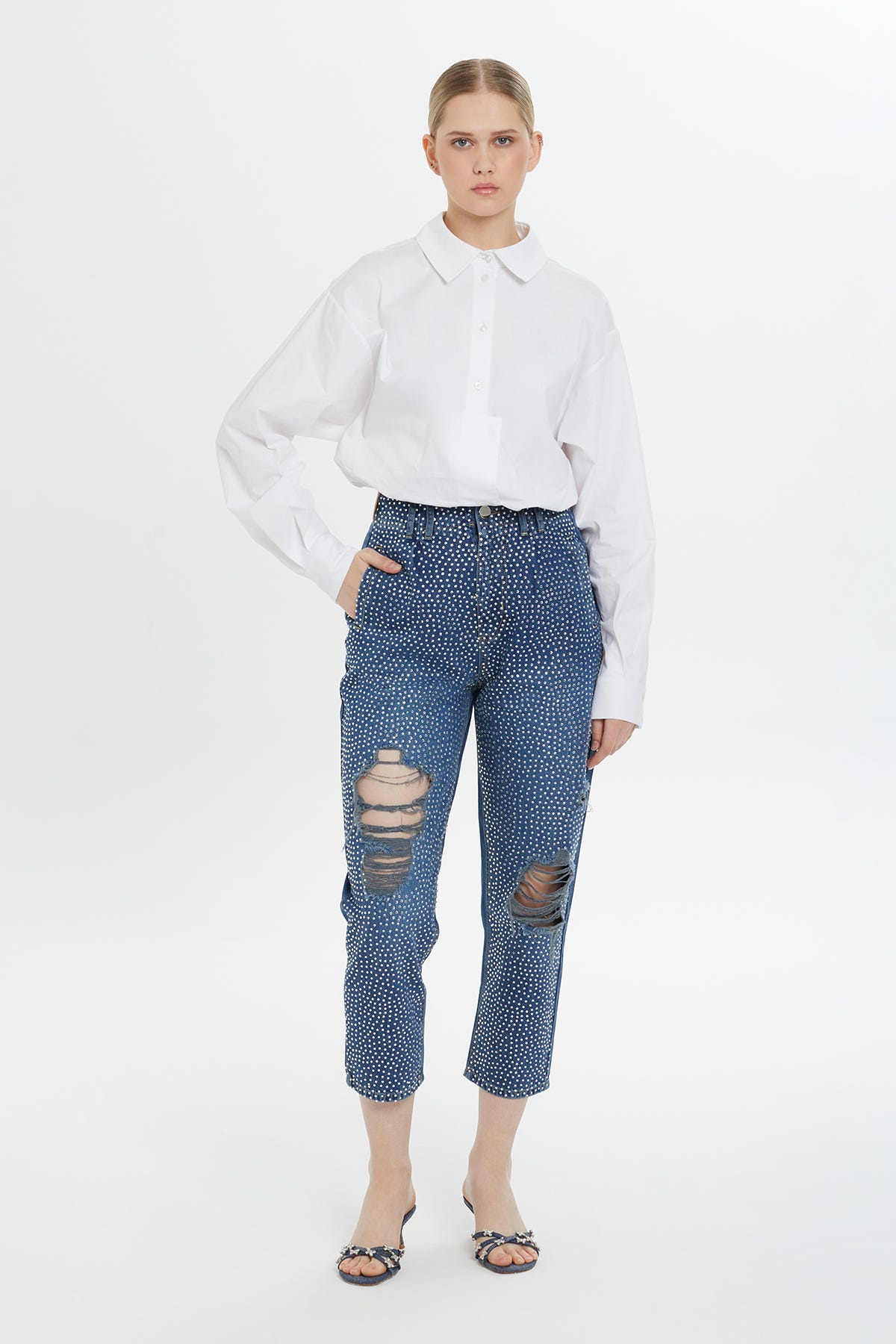 Beli Lastikli Eskitme Efektli Mavi Mom Jean