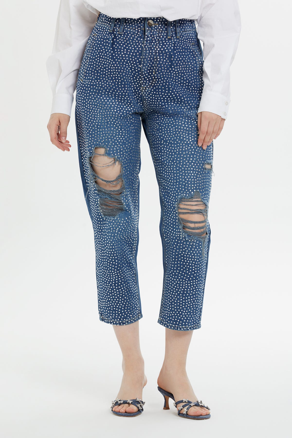 Beli Lastikli Eskitme Efektli Mavi Mom Jean