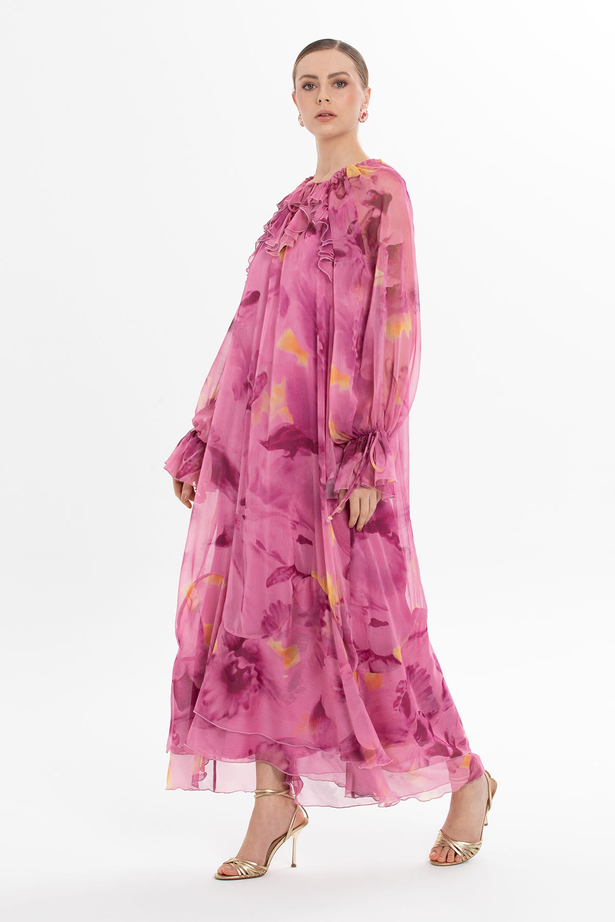 Volanlı Şifon Maxi Elbise