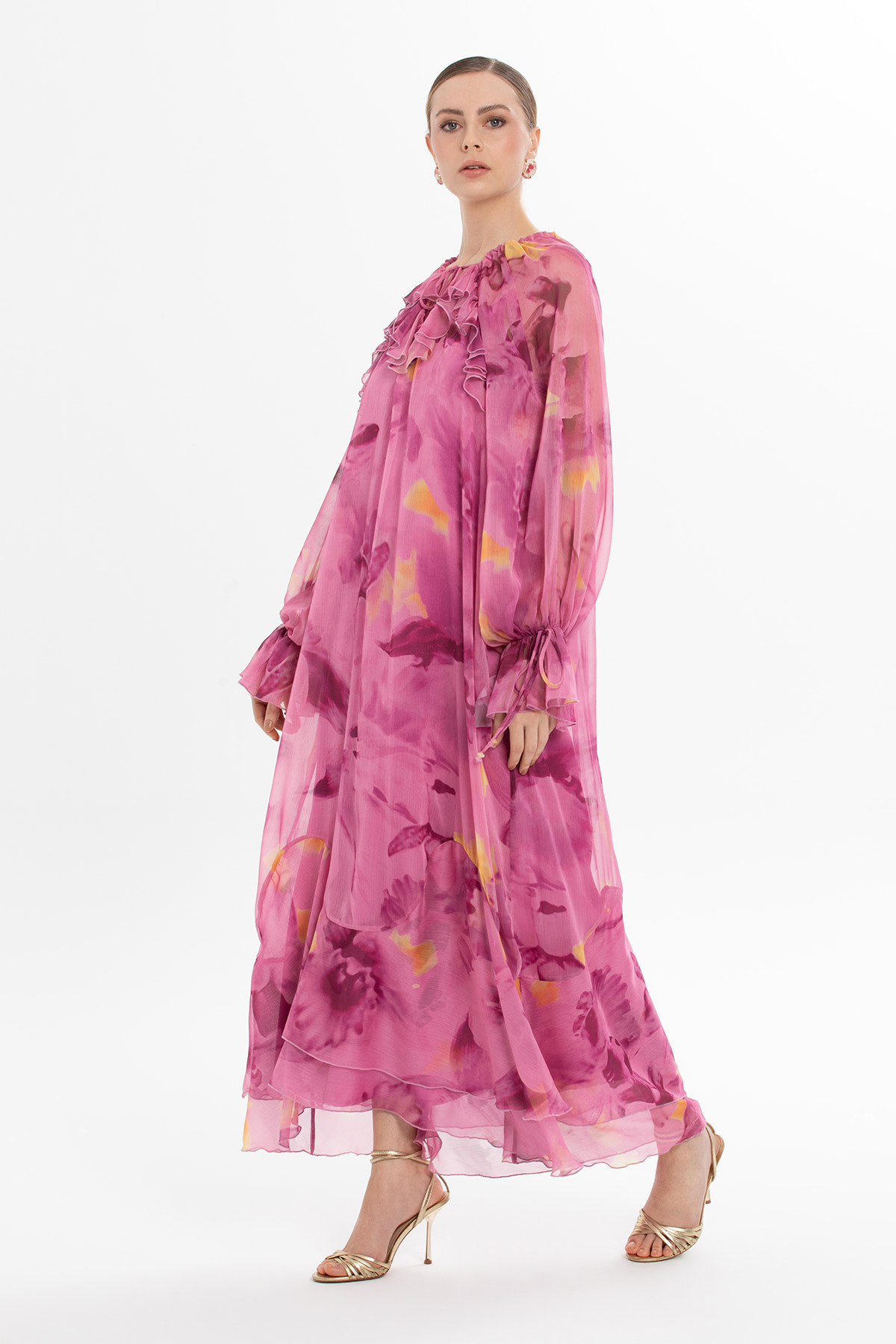 Volanlı Şifon Maxi Elbise