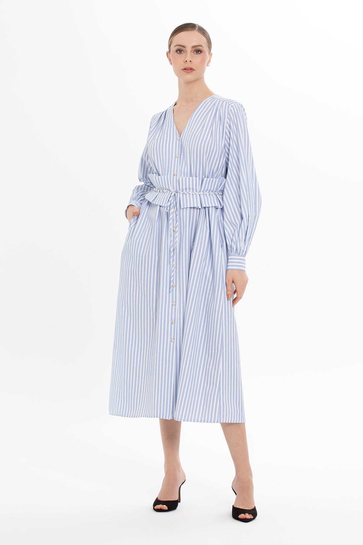 Çizgili Kemer Detaylı Midi Elbise