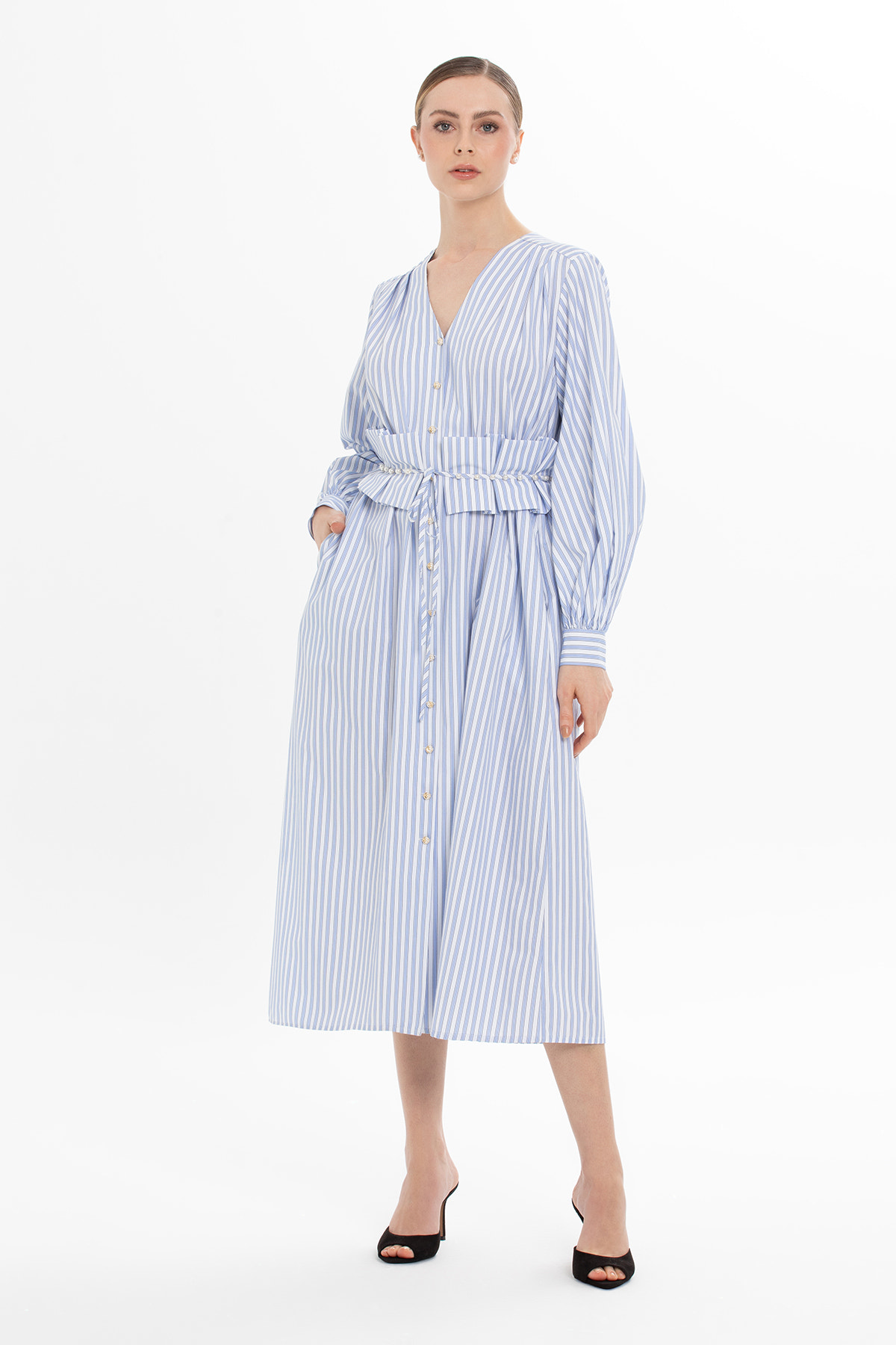 Çizgili Kemer Detaylı Midi Elbise