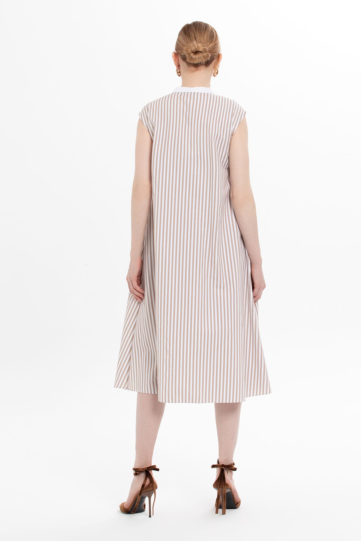 Yaka Detaylı Çizgili Midi Elbise