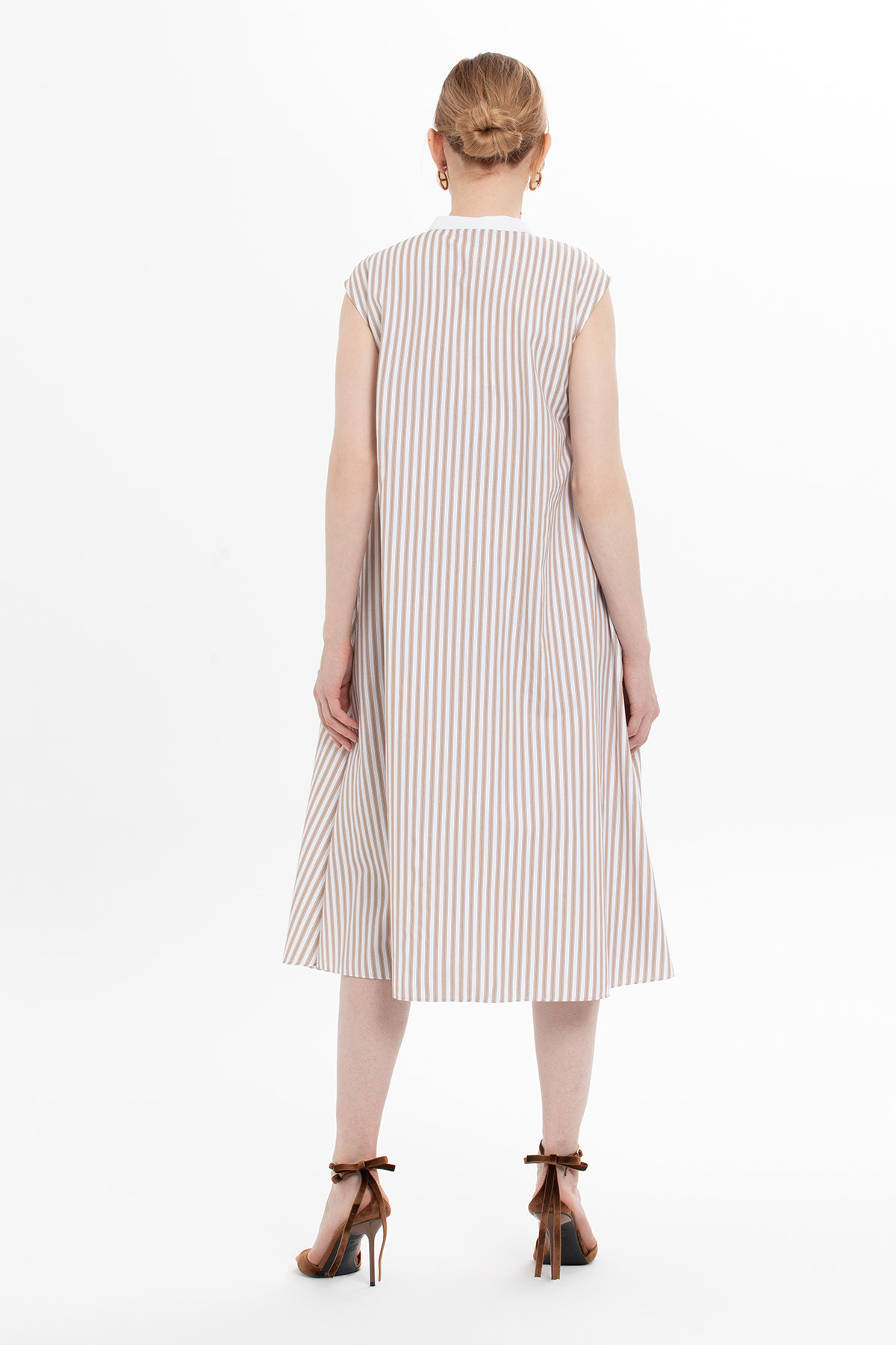 Yaka Detaylı Çizgili Midi Elbise