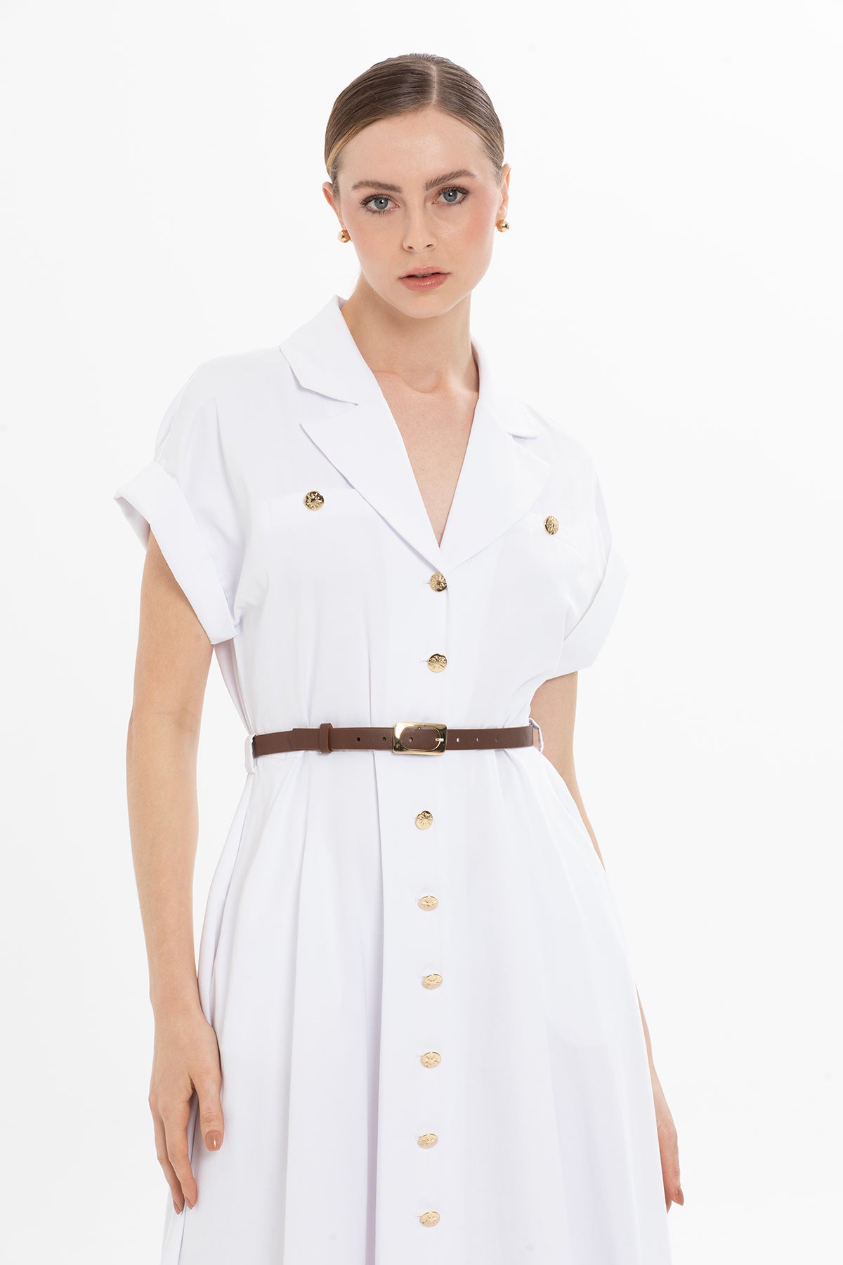 Kemerli Yarım Kollu Maxi Elbise