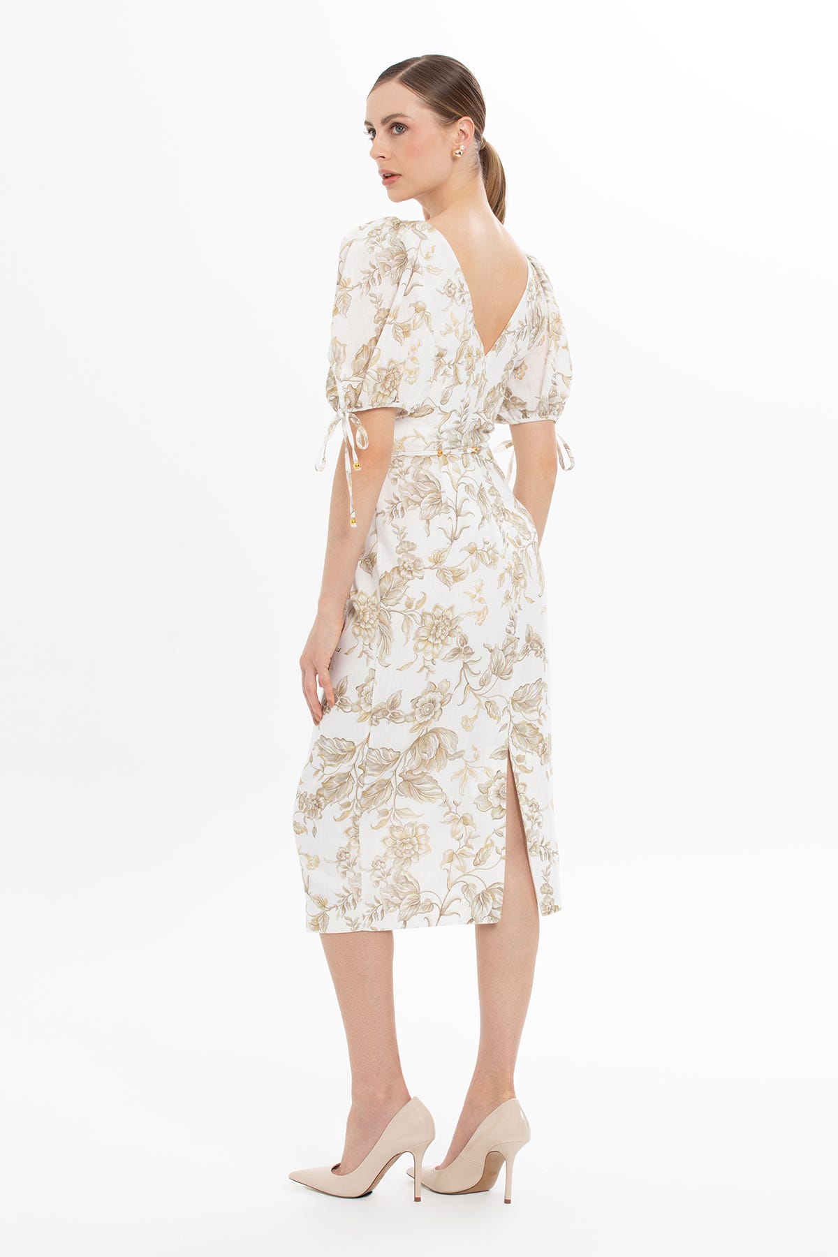 Karpuz Kollu Midi Elbise