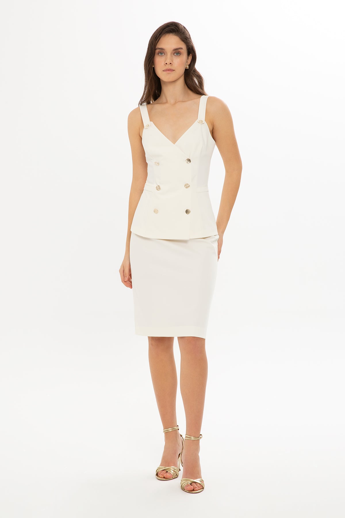 Kruvaze Kapamalı Yelek Ve Kalem Etekli Takım