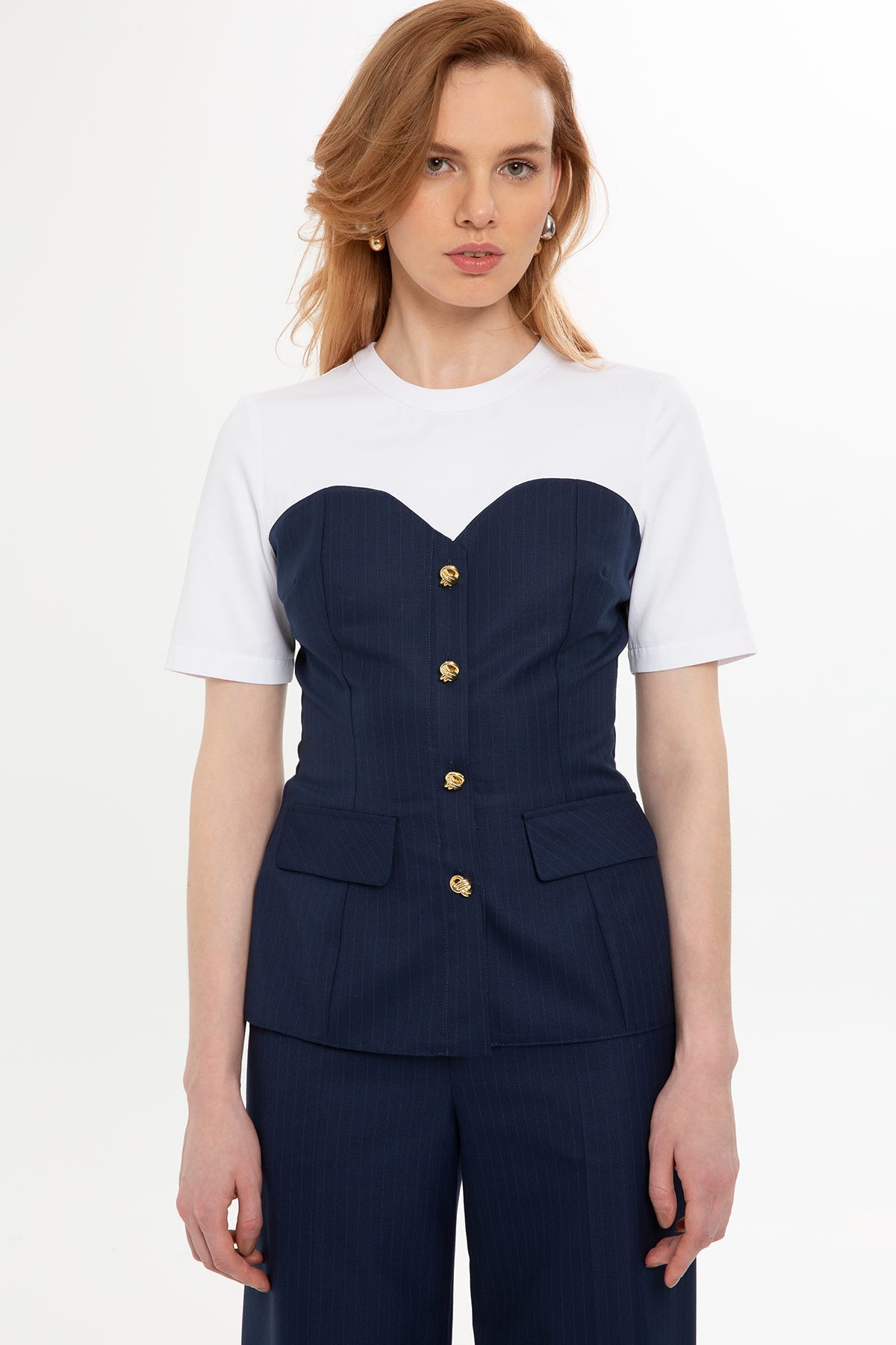 Çizgili Yarım Kol Bluz Ve Pantolon Takım