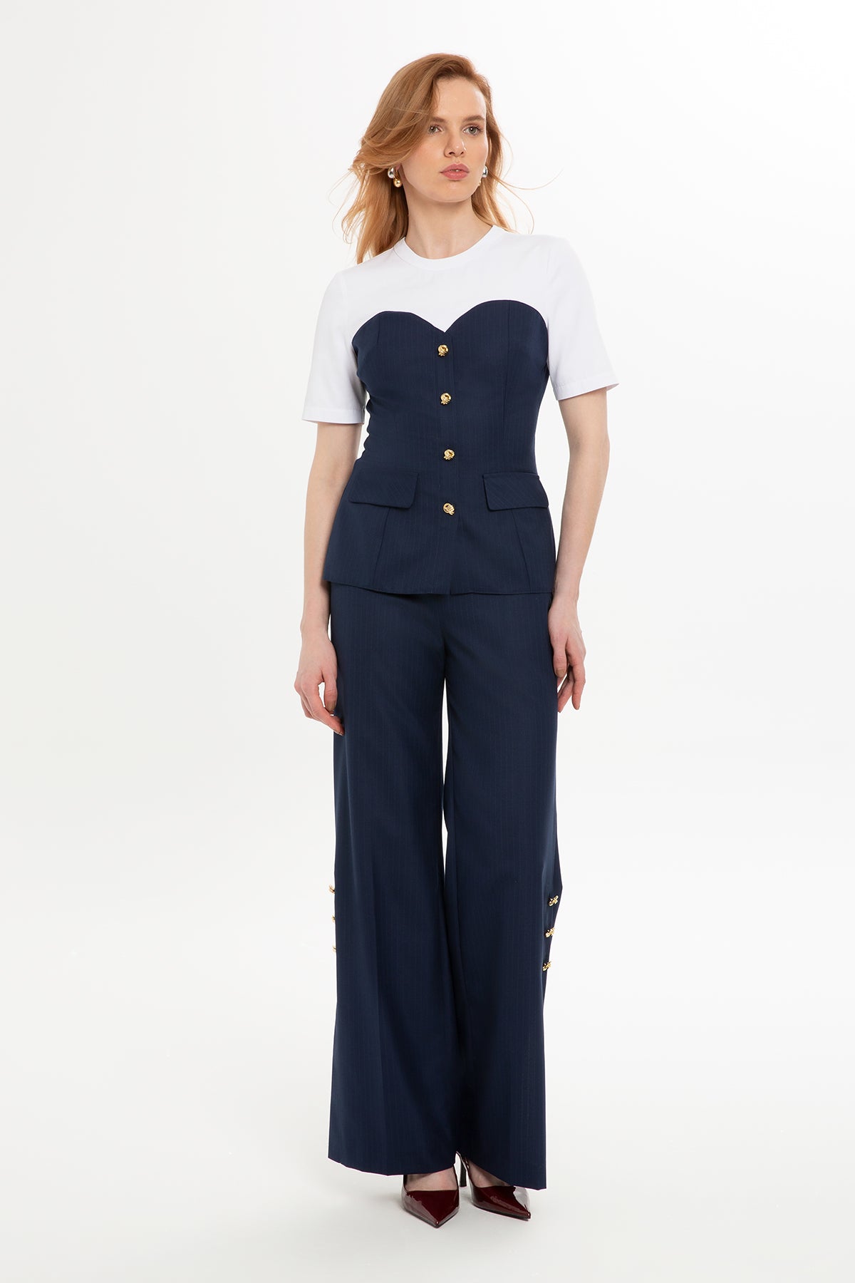 Çizgili Yarım Kol Bluz Ve Pantolon Takım