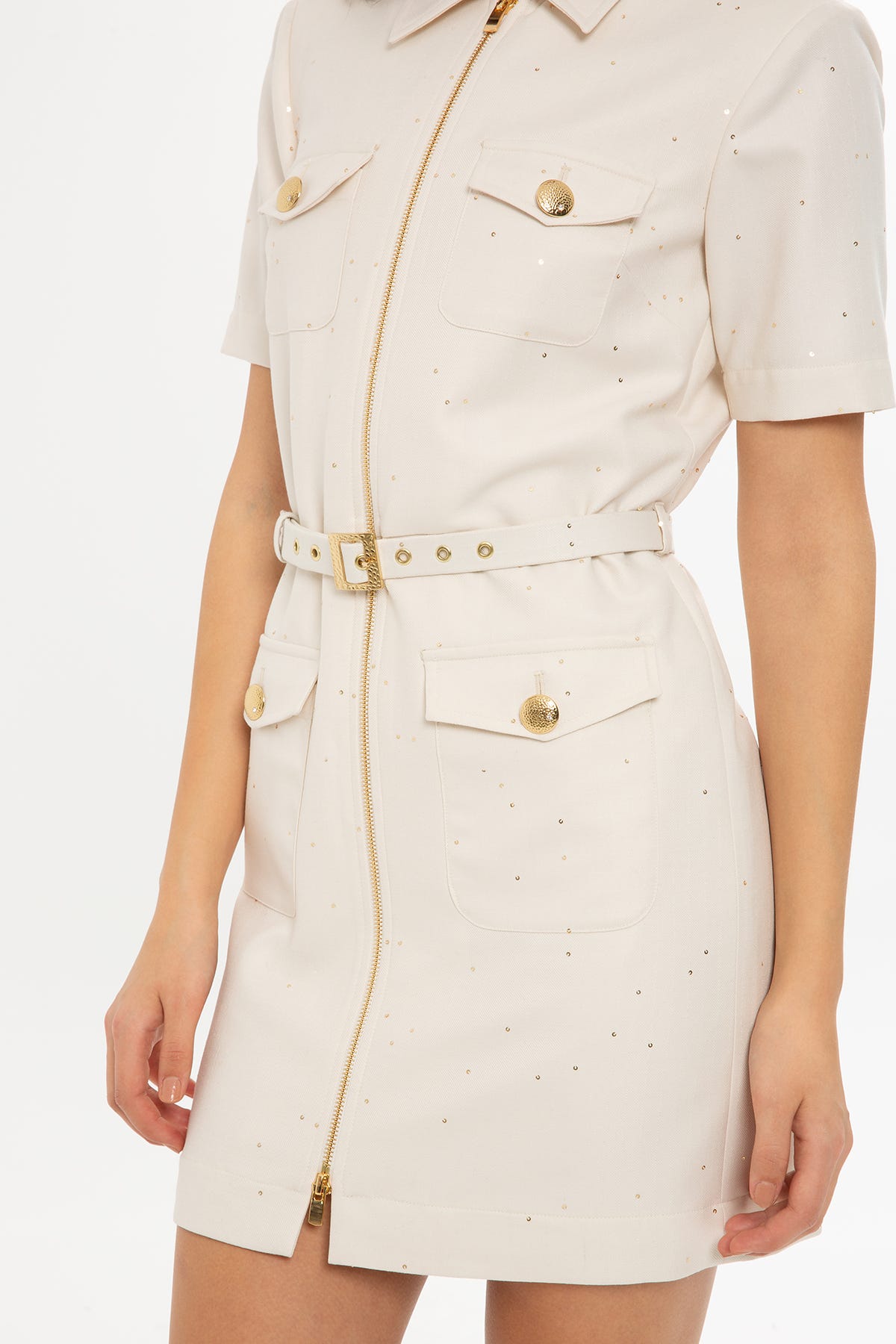 Kemerli Fermuarlı Yarım Kol Mini Elbise