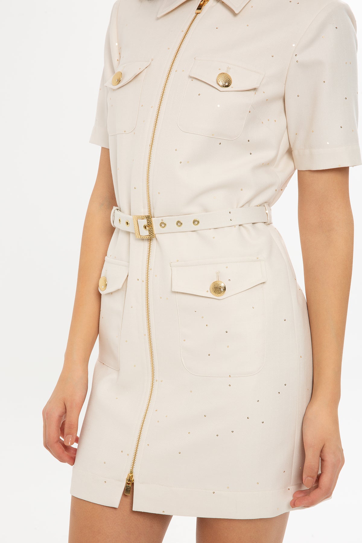 Kemerli Fermuarlı Yarım Kol Mini Elbise