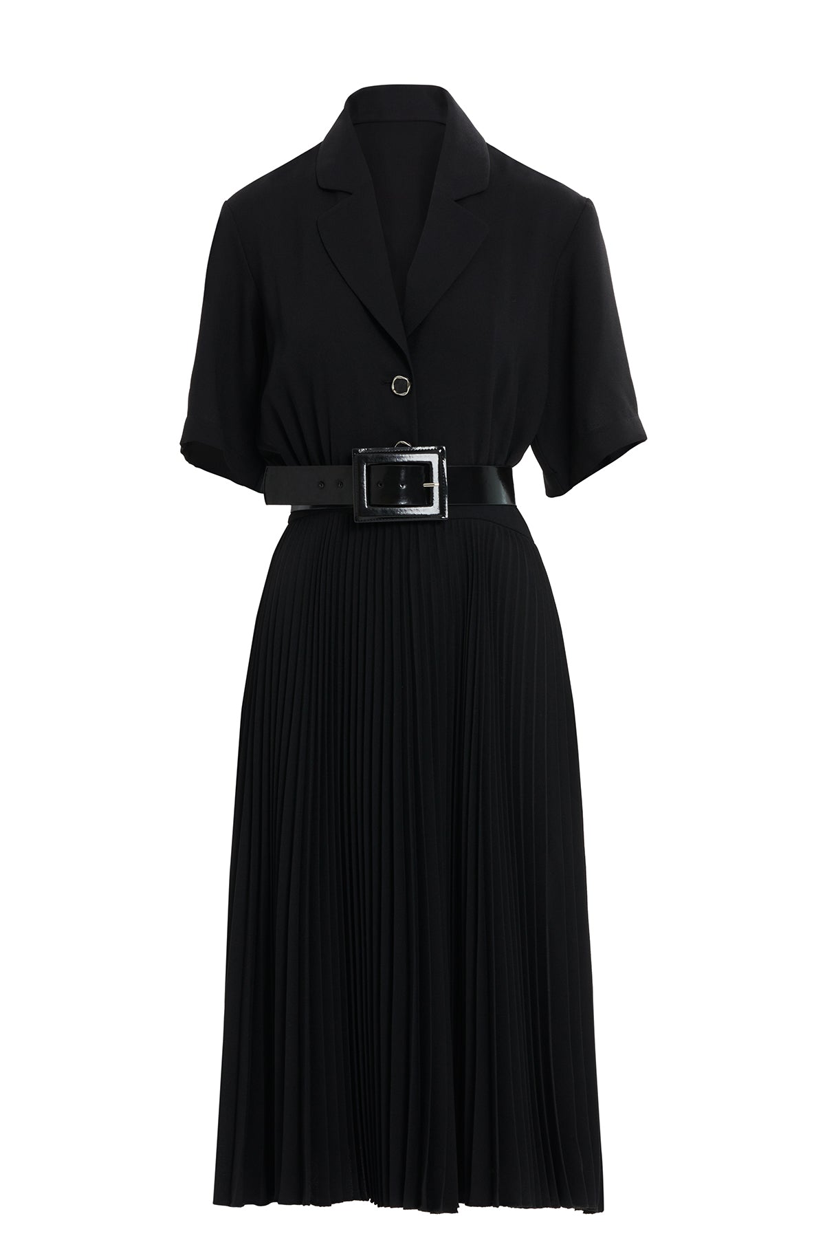 Eteği Piliseli Beli Kemerli Kısa Kollu Midi Boy Elbise