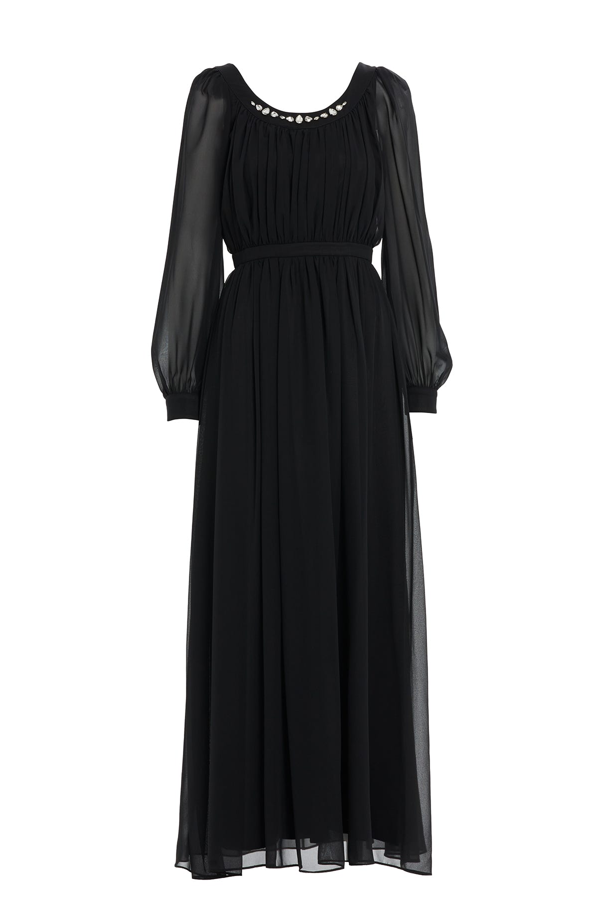 Büzgülü Yakası İşleme Detaylı Eteği Kloş Abiye Uzun Elbise