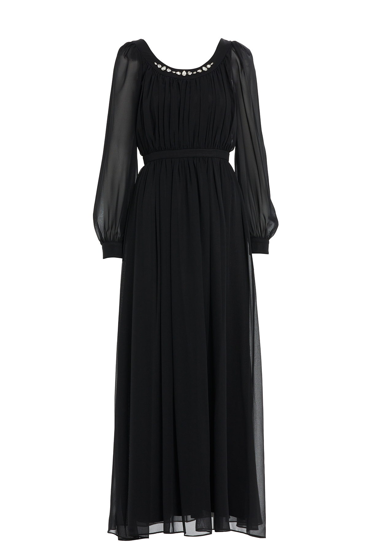 Büzgülü Yakası İşleme Detaylı Eteği Kloş Abiye Uzun Elbise