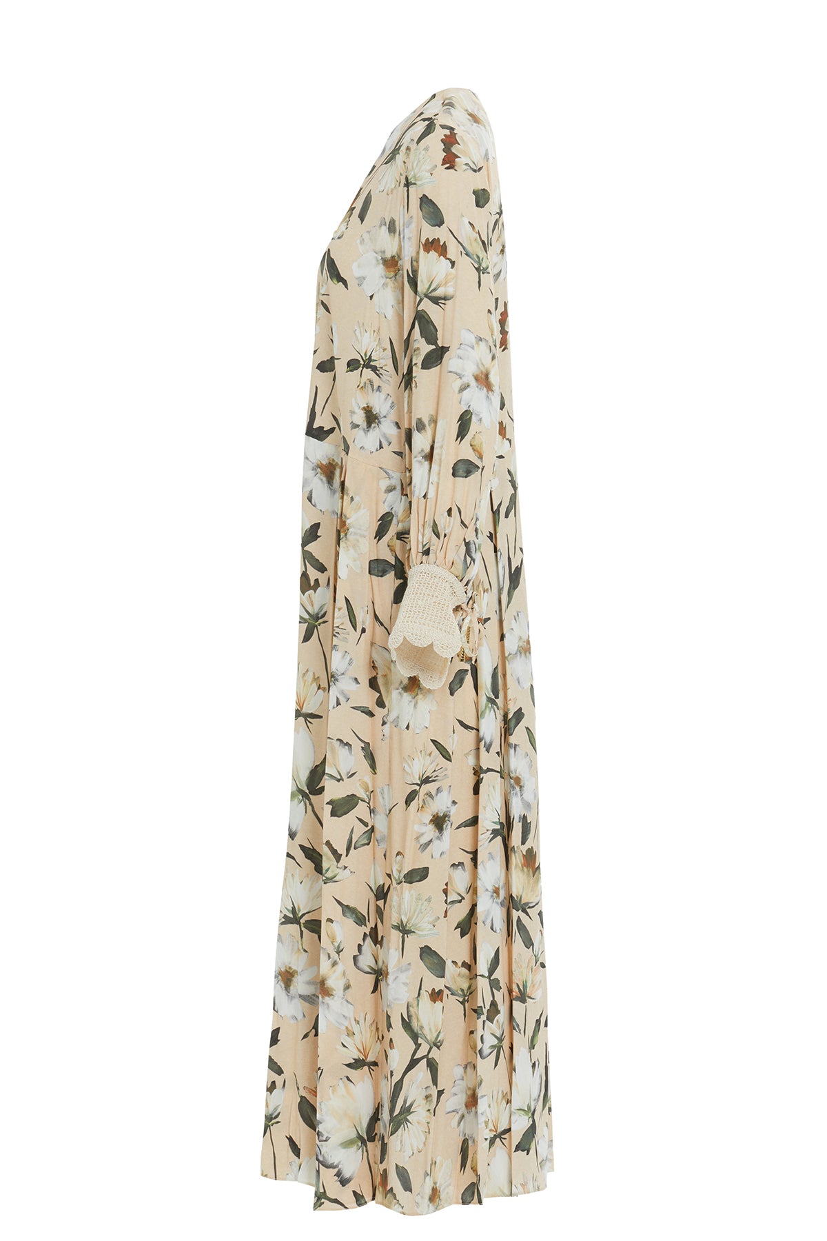 Dantel Detaylı Belden Pileli Uzun Kollu Uzun Elbise