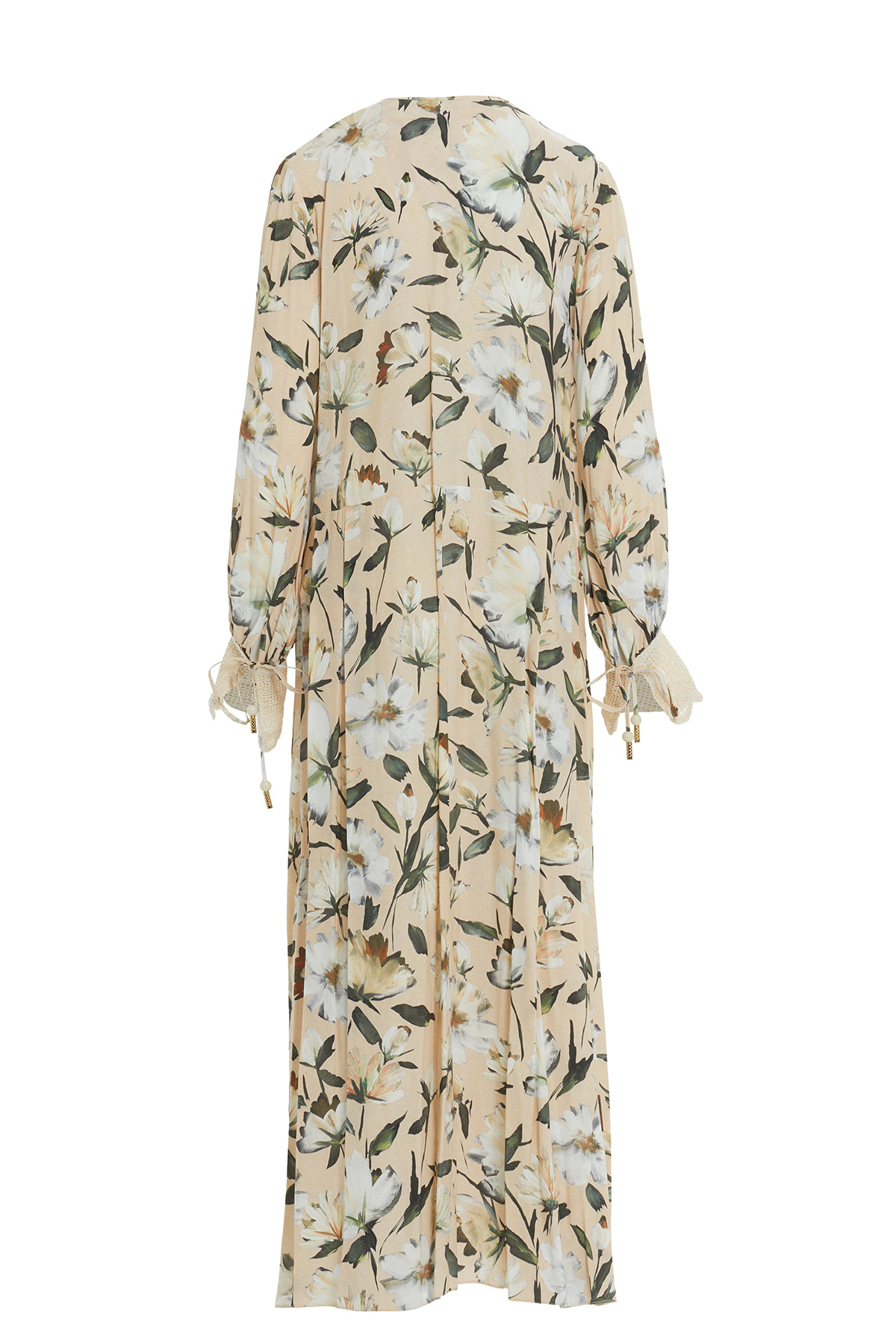 Dantel Detaylı Belden Pileli Uzun Kollu Maxi Elbise