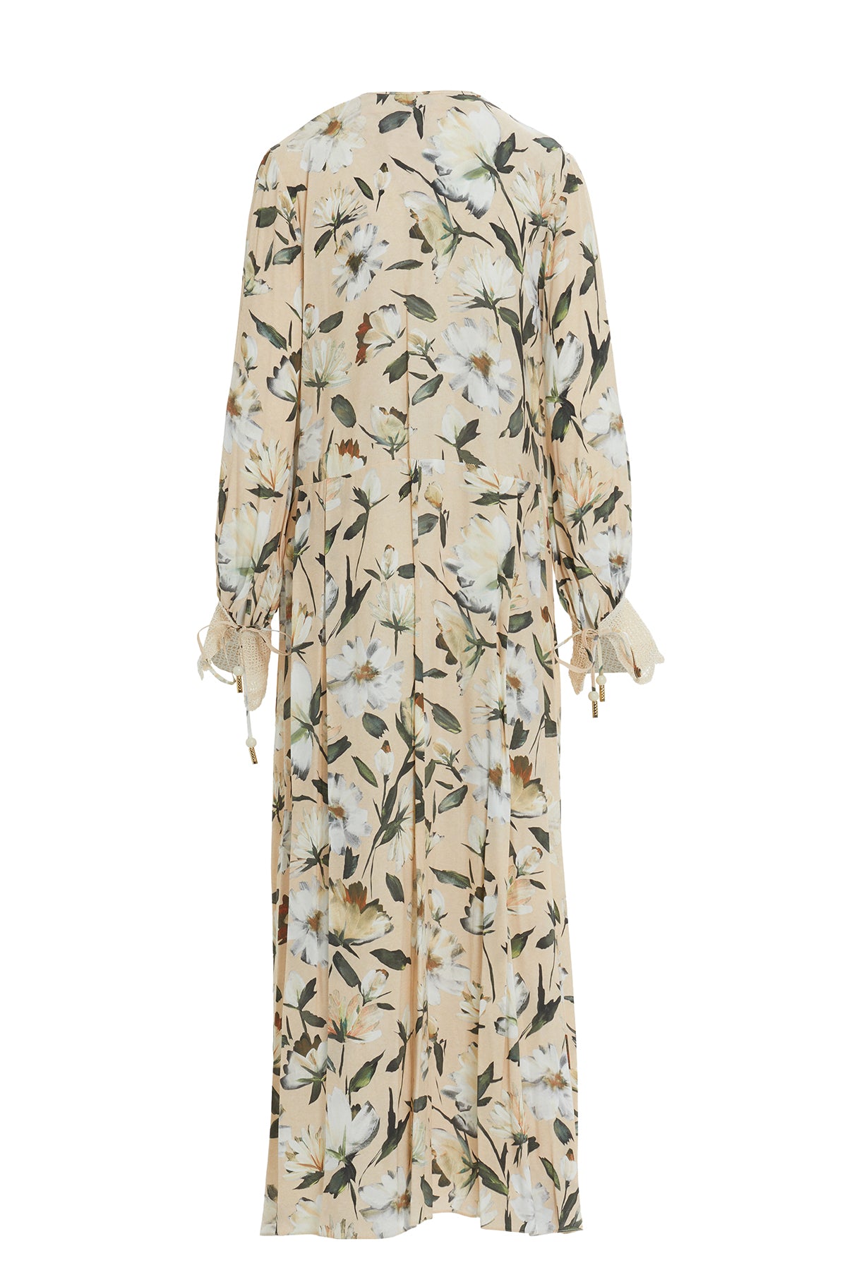 Dantel Detaylı Belden Pileli Uzun Kollu Uzun Elbise