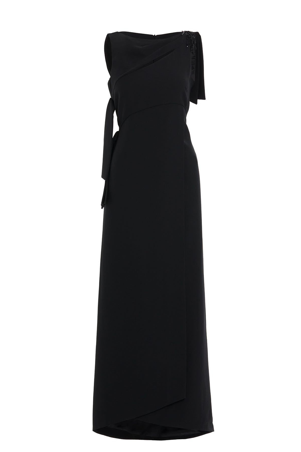 Pencere Detaylı Bağlamalı Uzun Elbise