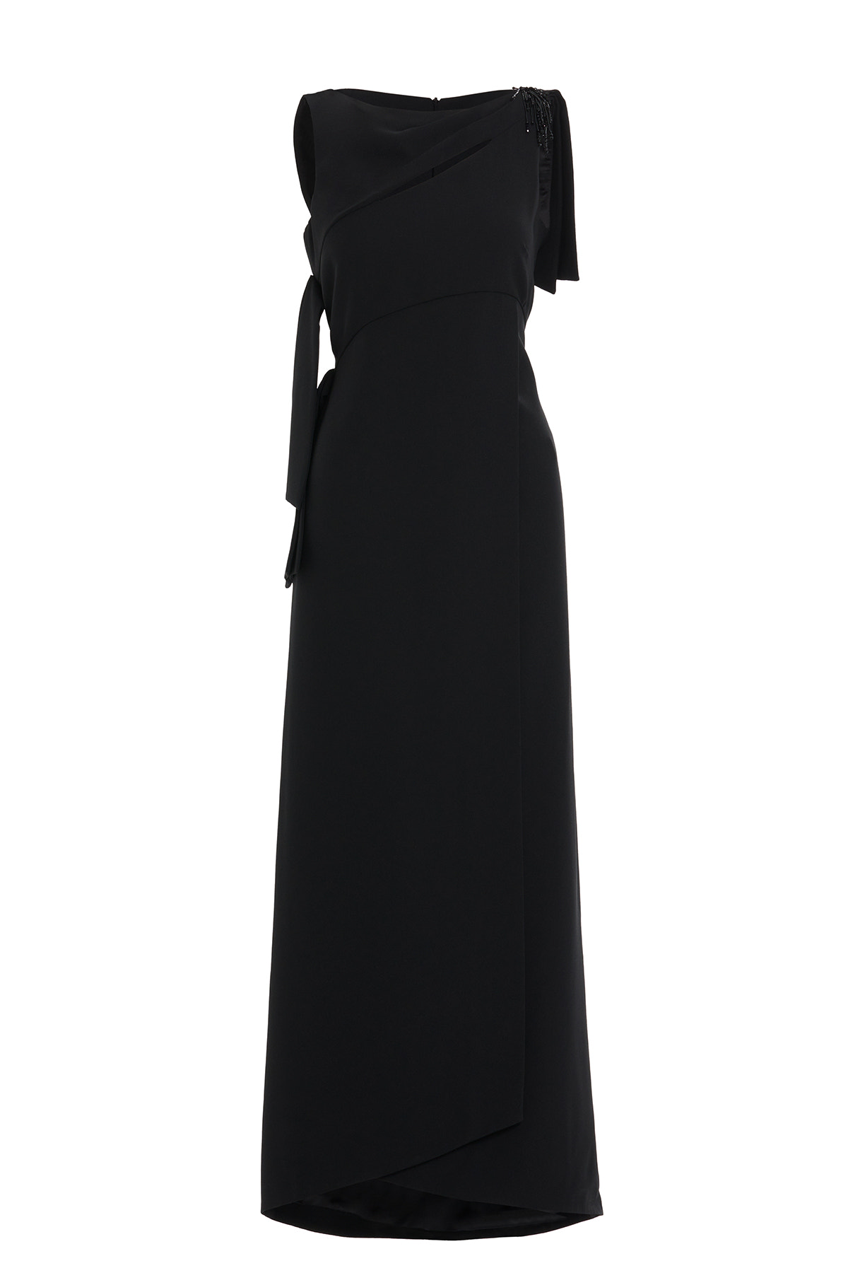 Pencere Detaylı Bağlamalı Uzun Elbise