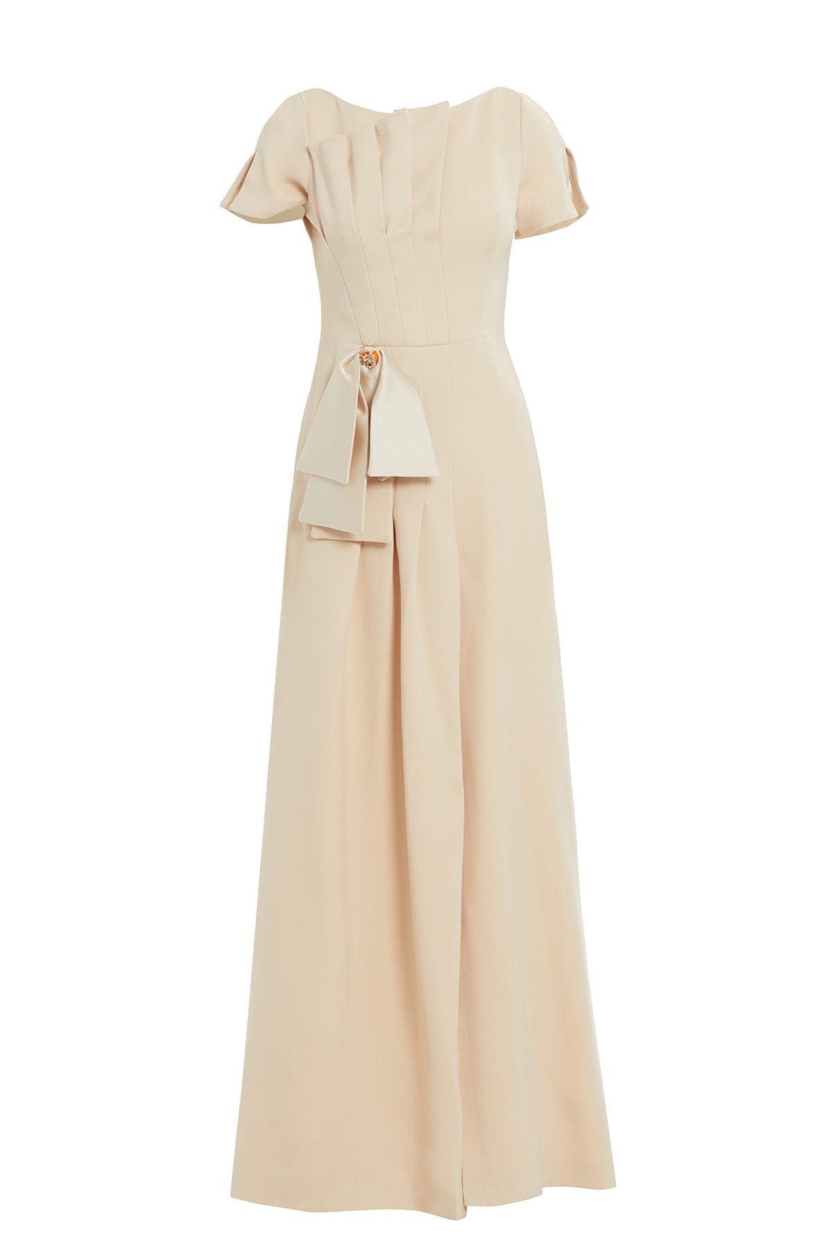 Pili Katlamalı Seyyar Broşlu Uzun Elbise