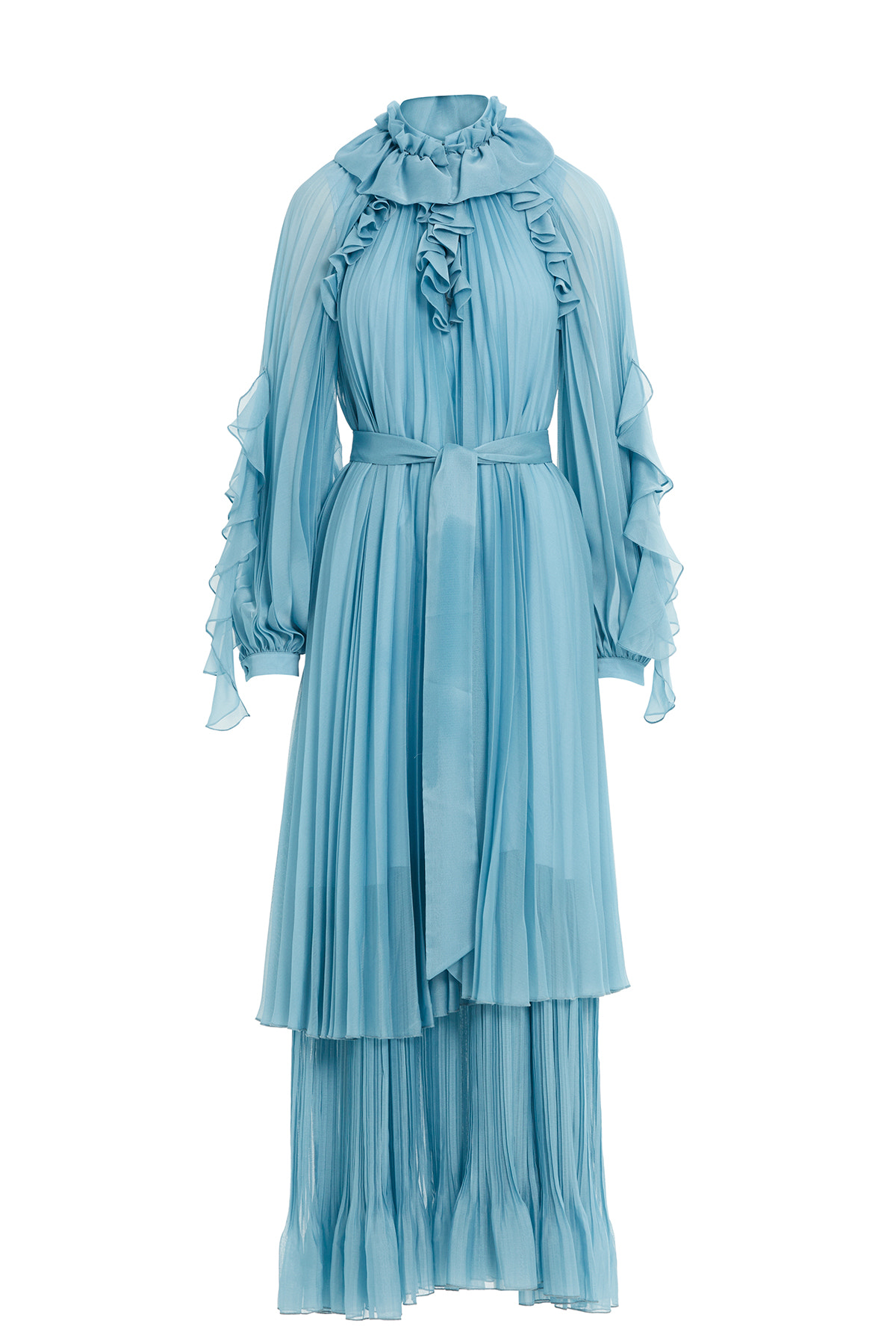 Fırfır Detaylı Uzun Şifon Elbise