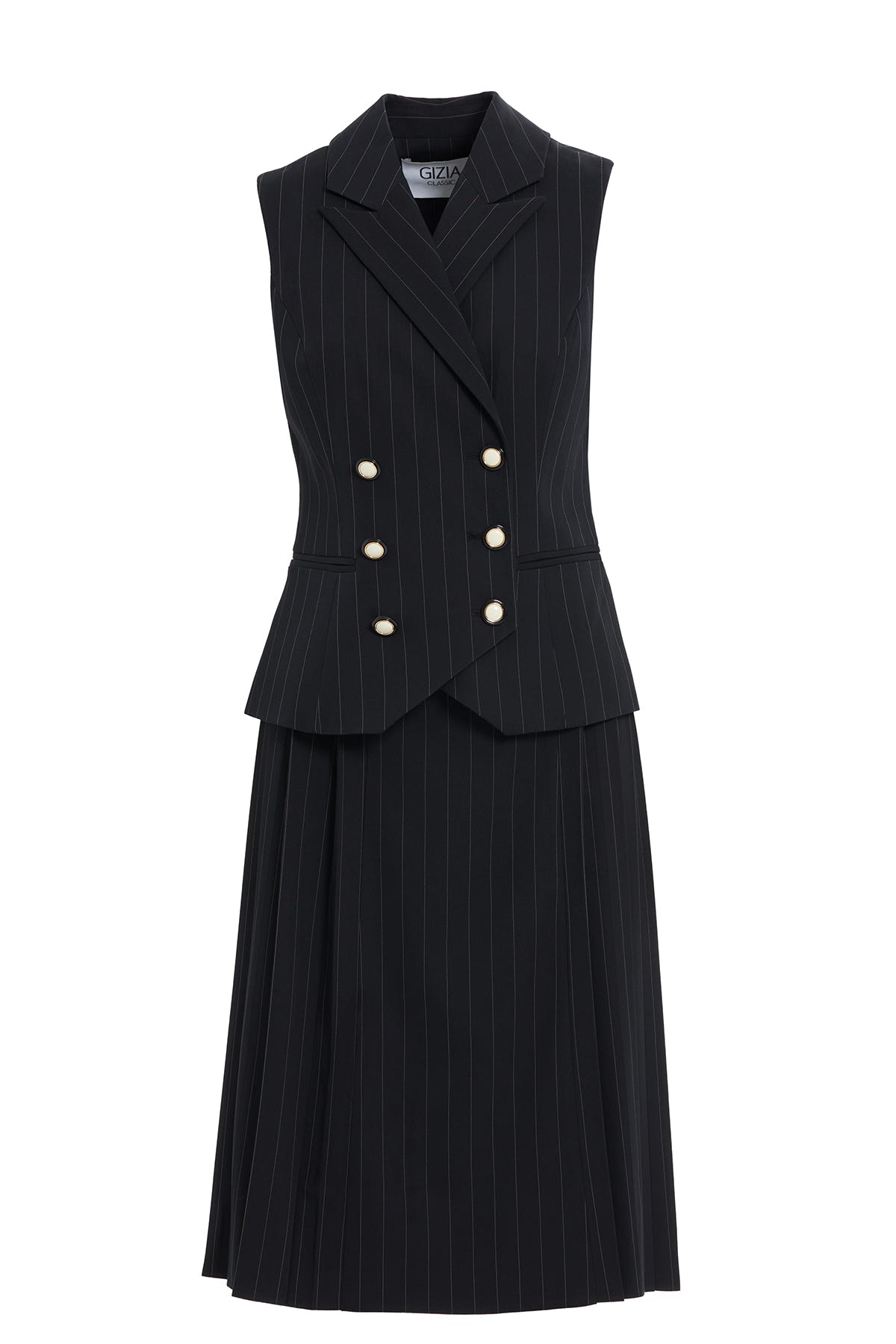 Kruvaze Kapamalı Kısa Kol Yelekli Midi Etek Pilise Detaylı Çizgili Takım