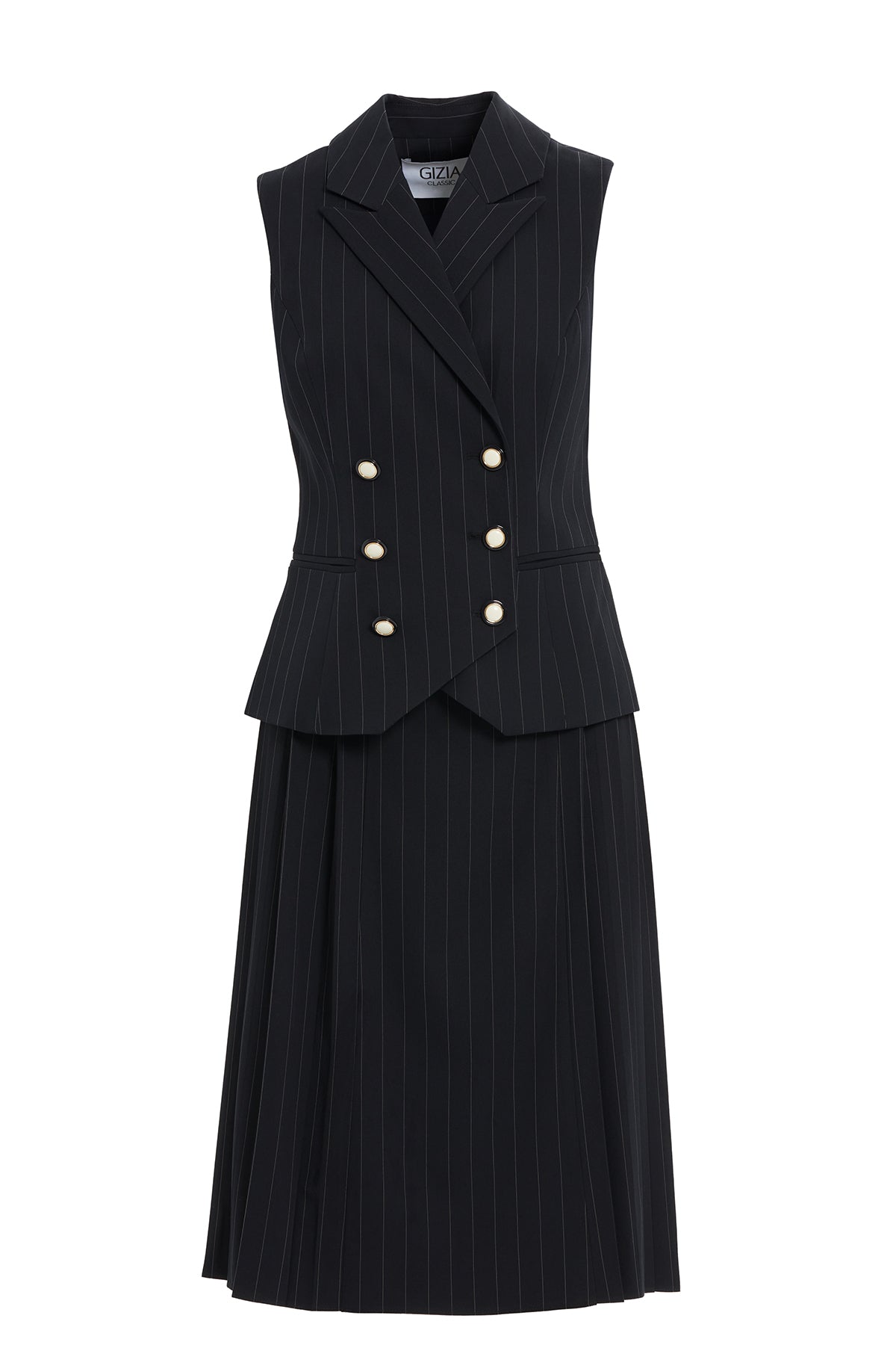 Kruvaze Kapamalı Kısa Kol Yelekli Midi Etek Pilise Detaylı Çizgili Takım