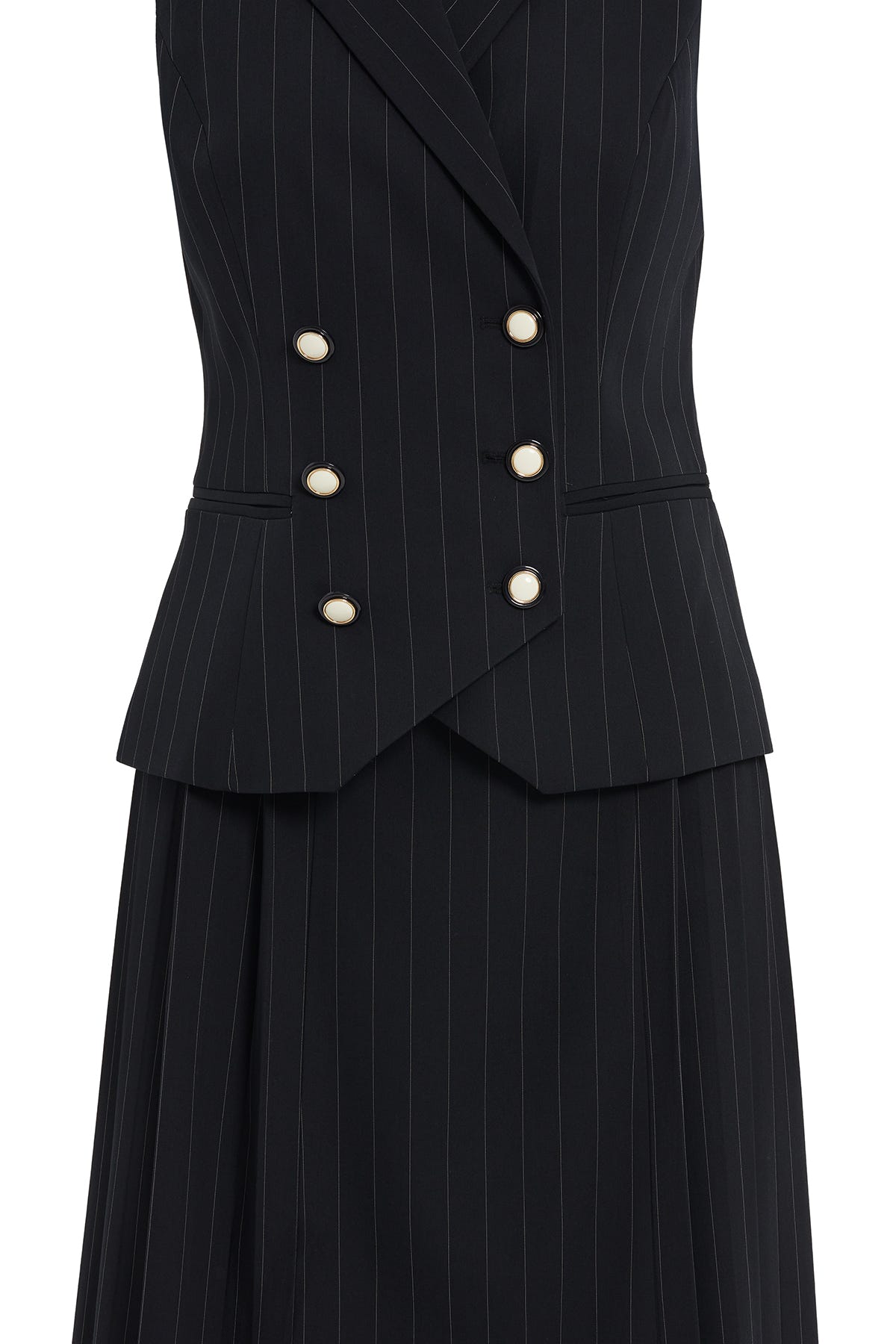 Kruvaze Kapamalı Kısa Kol Yelekli Midi Etek Pilise Detaylı Çizgili Takım