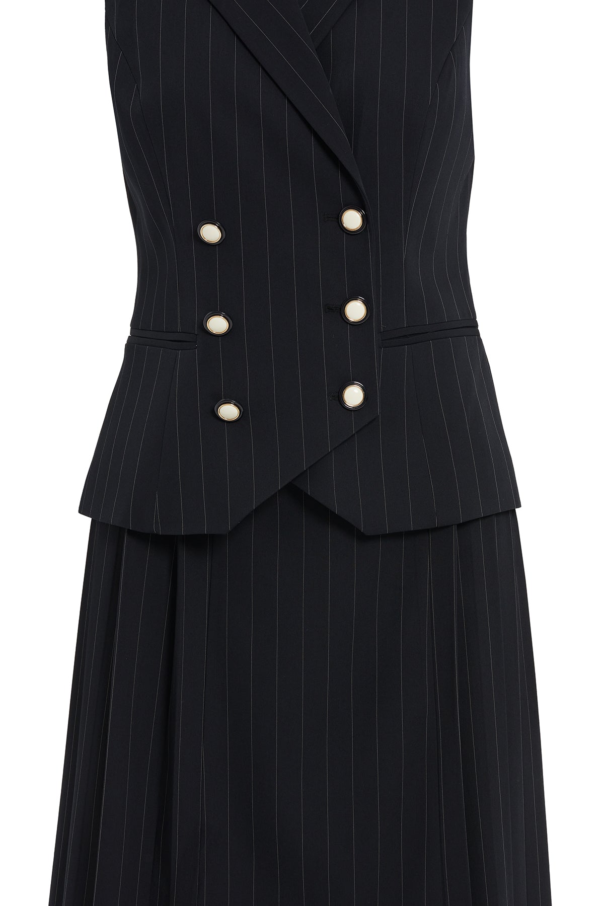 Kruvaze Kapamalı Kısa Kol Yelekli Midi Etek Pilise Detaylı Çizgili Takım