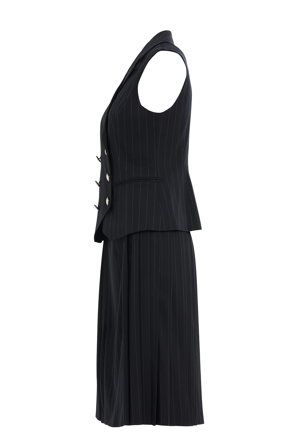 Kruvaze Kapamalı Kısa Kol Yelekli Midi Etek Pilise Detaylı Çizgili Takım