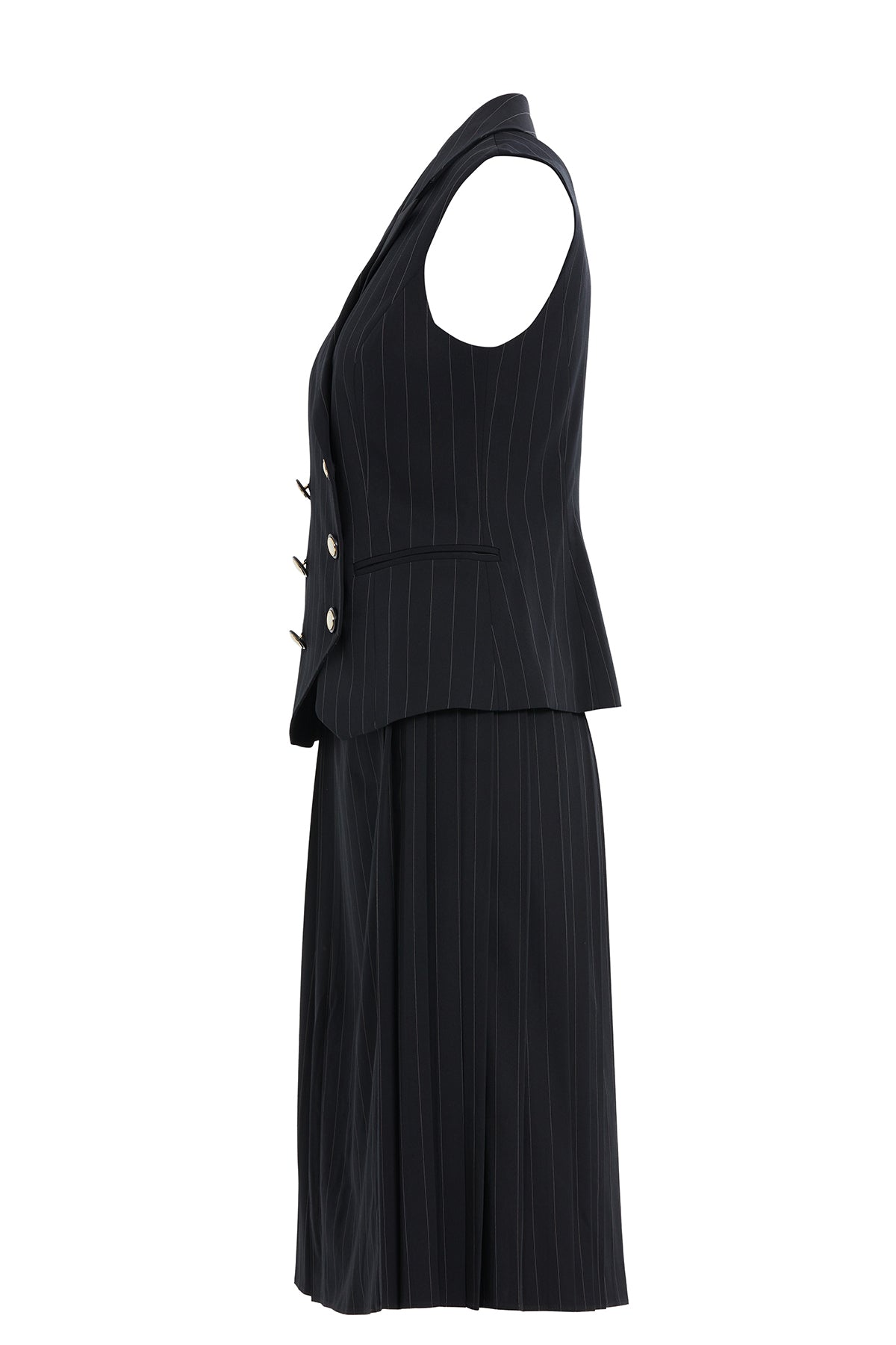 Kruvaze Kapamalı Kısa Kol Yelekli Midi Etek Pilise Detaylı Çizgili Takım