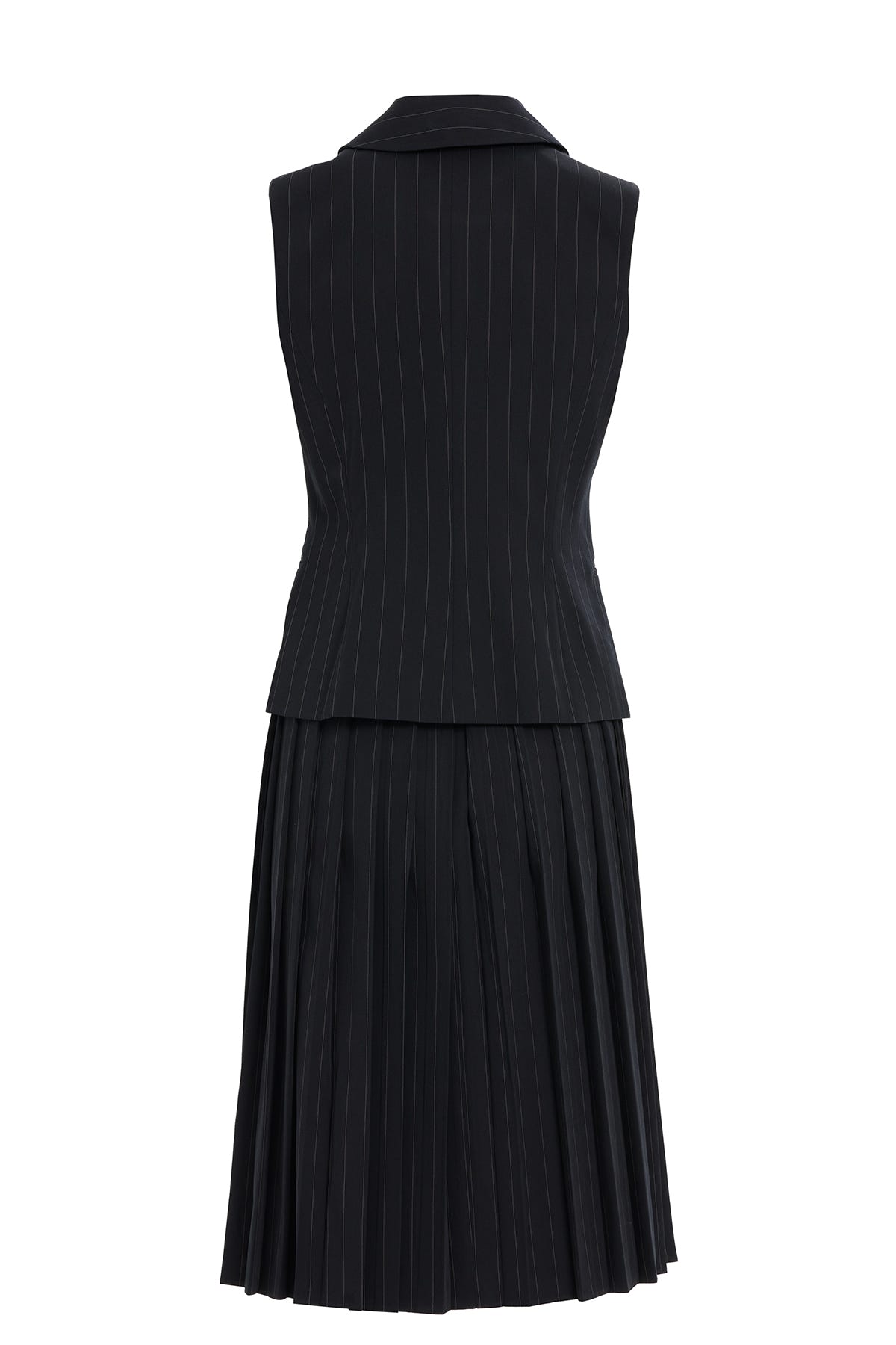 Kruvaze Kapamalı Kısa Kol Yelekli Midi Etek Pilise Detaylı Çizgili Takım