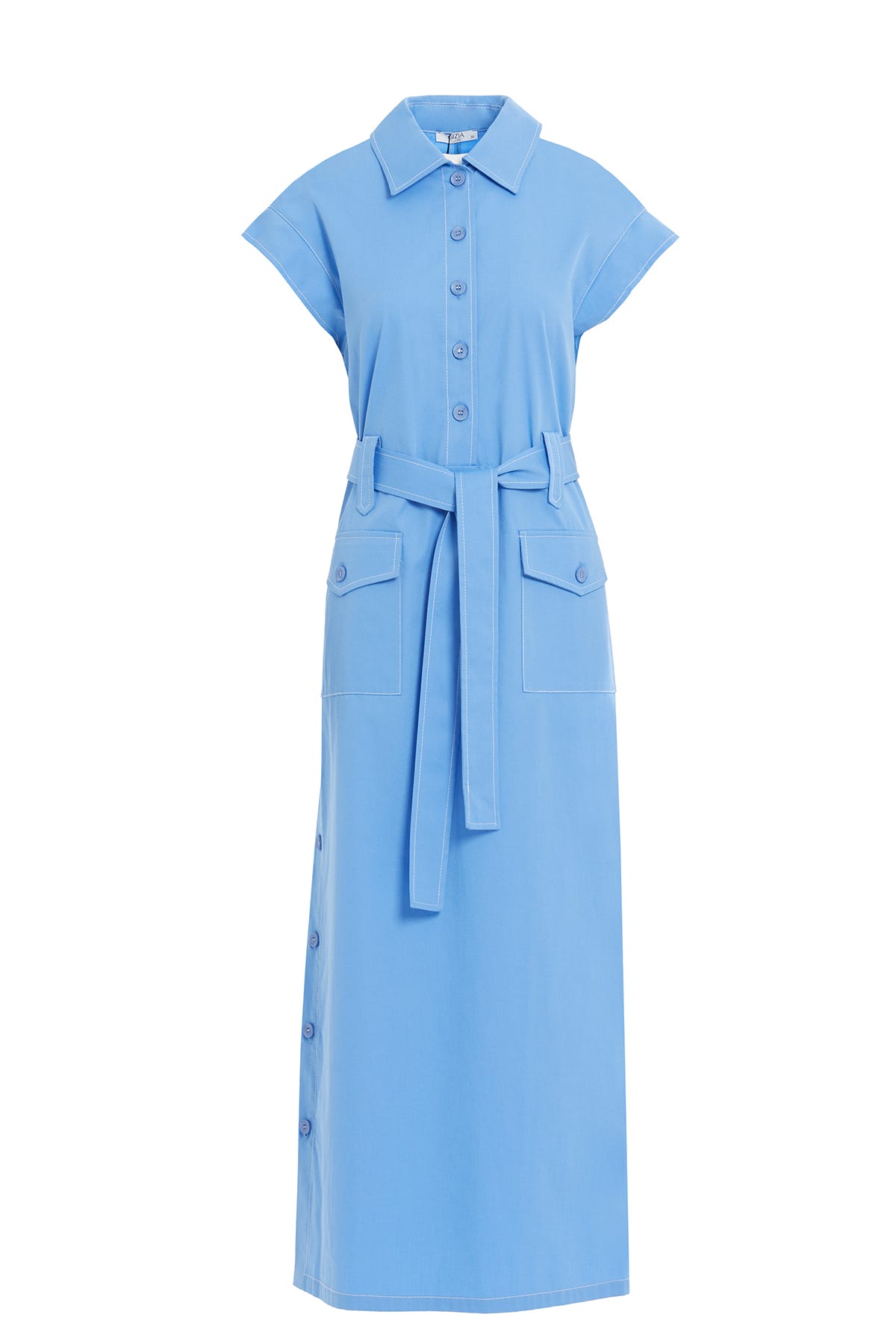 Yaka Gömlek Formunda Düğme Detaylı Maxi Elbise