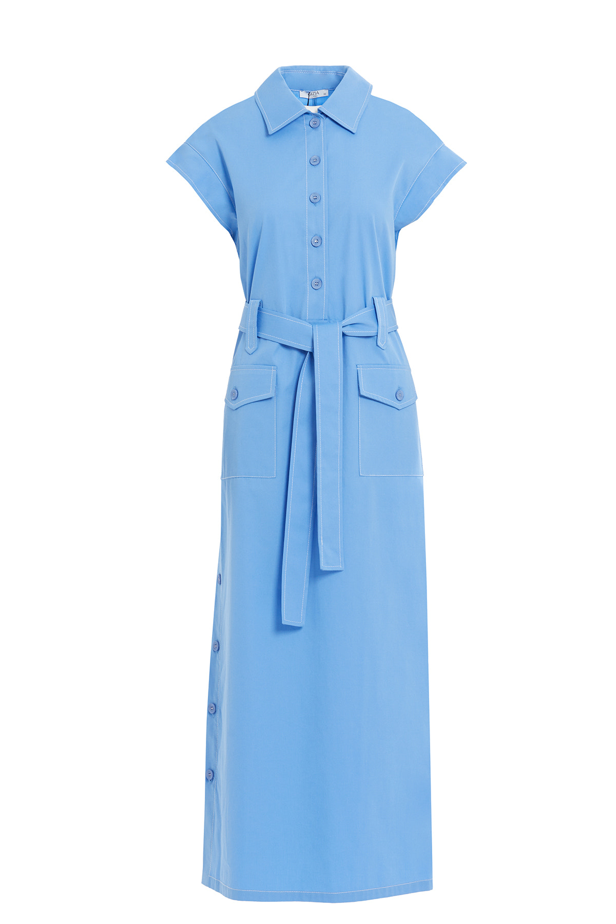 Yaka Gömlek Formunda Düğme Detaylı Maxi Elbise