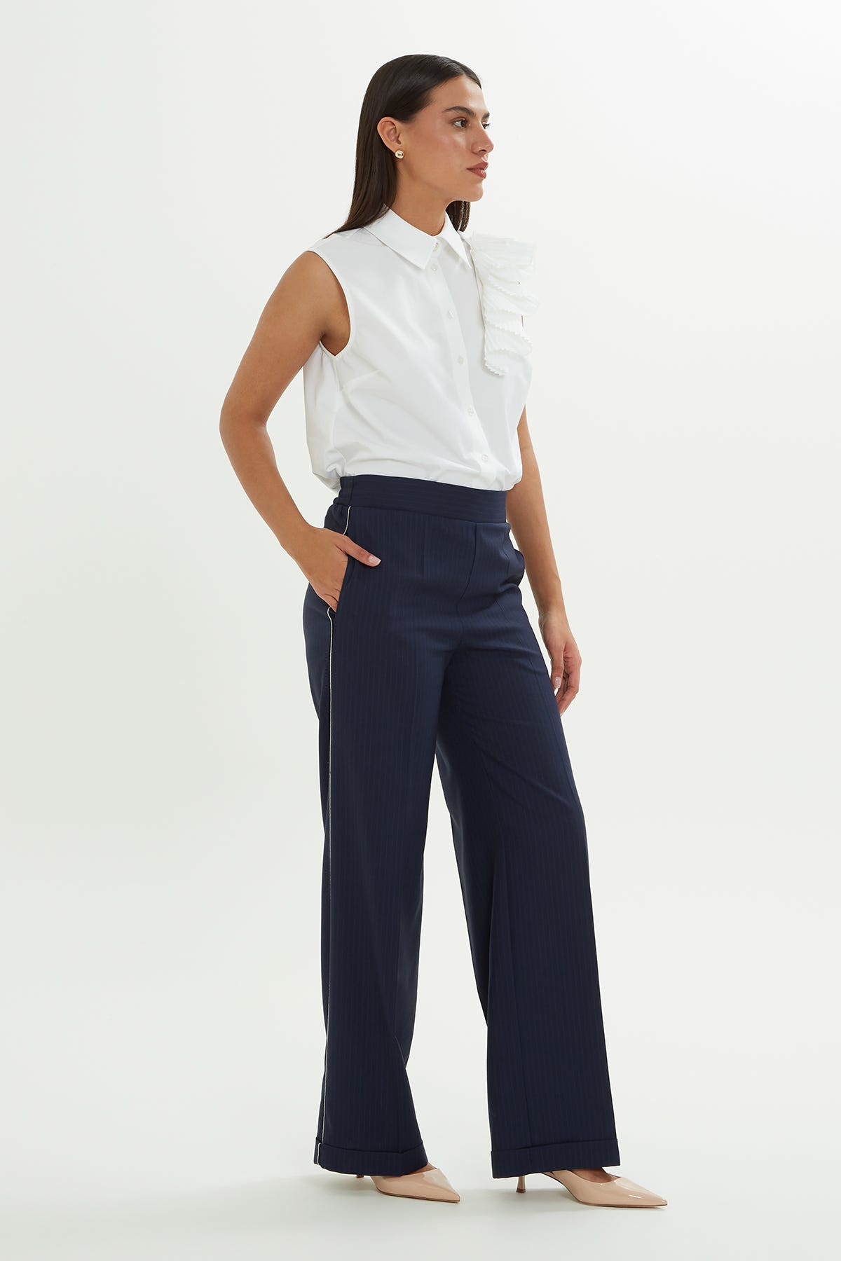 Zincir Biye Detaylı Çizgili Pantolon