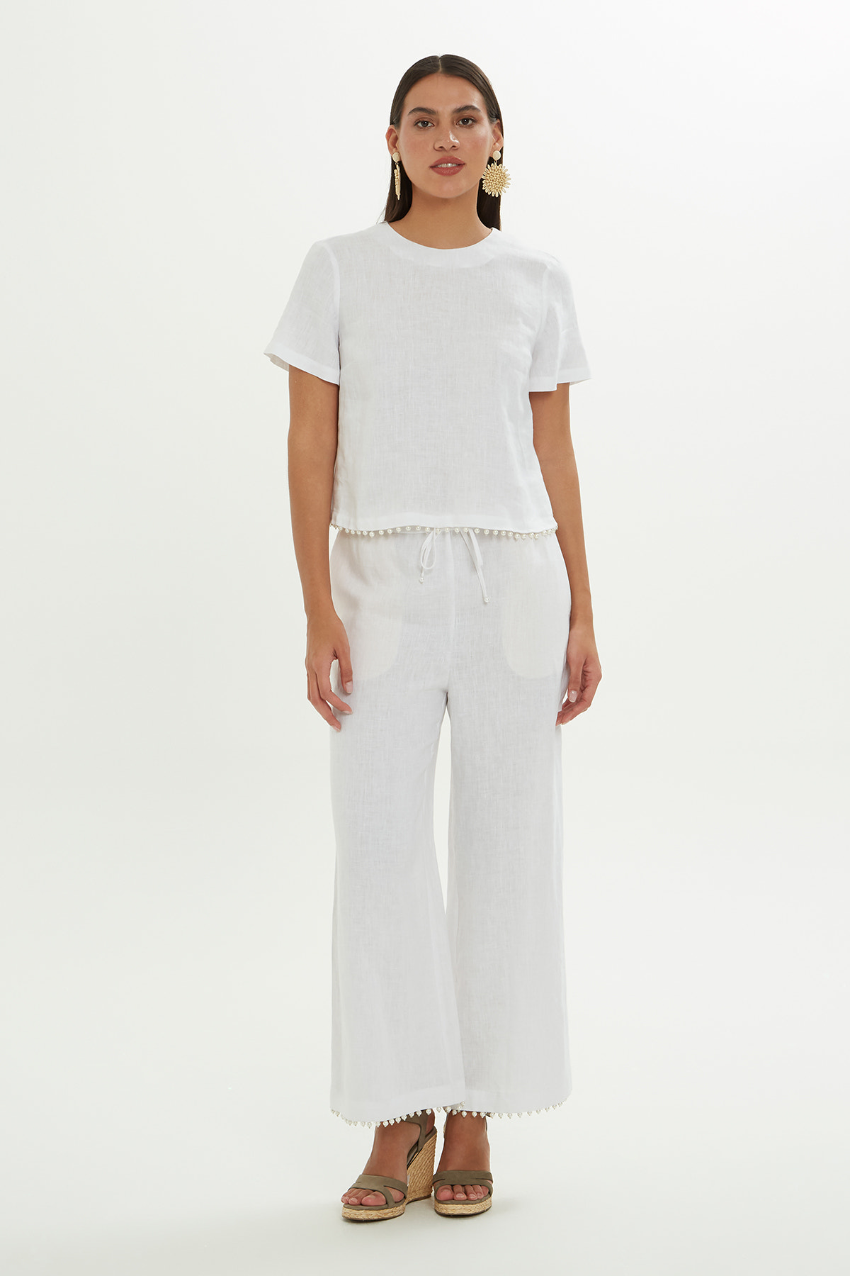 İnci İşlemeli Keten Bluz