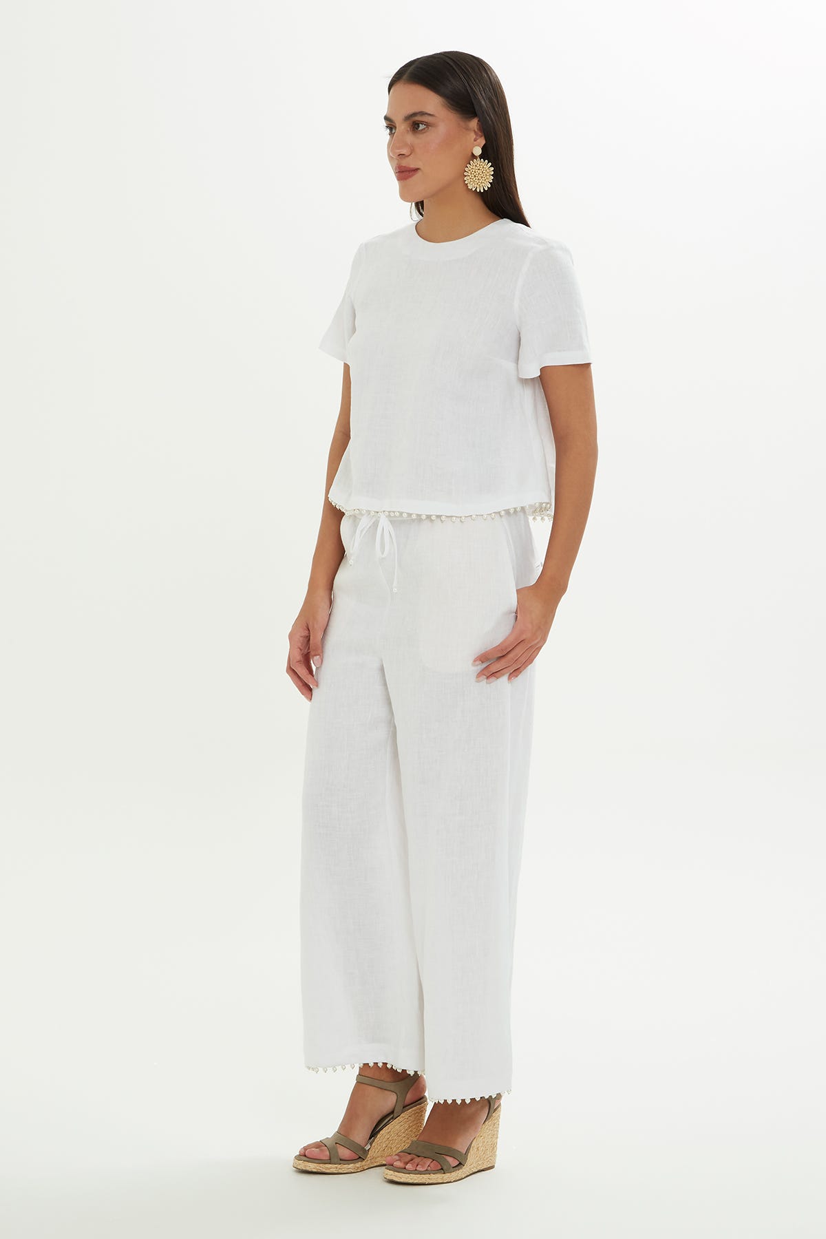 İnci İşlemeli Keten Bluz