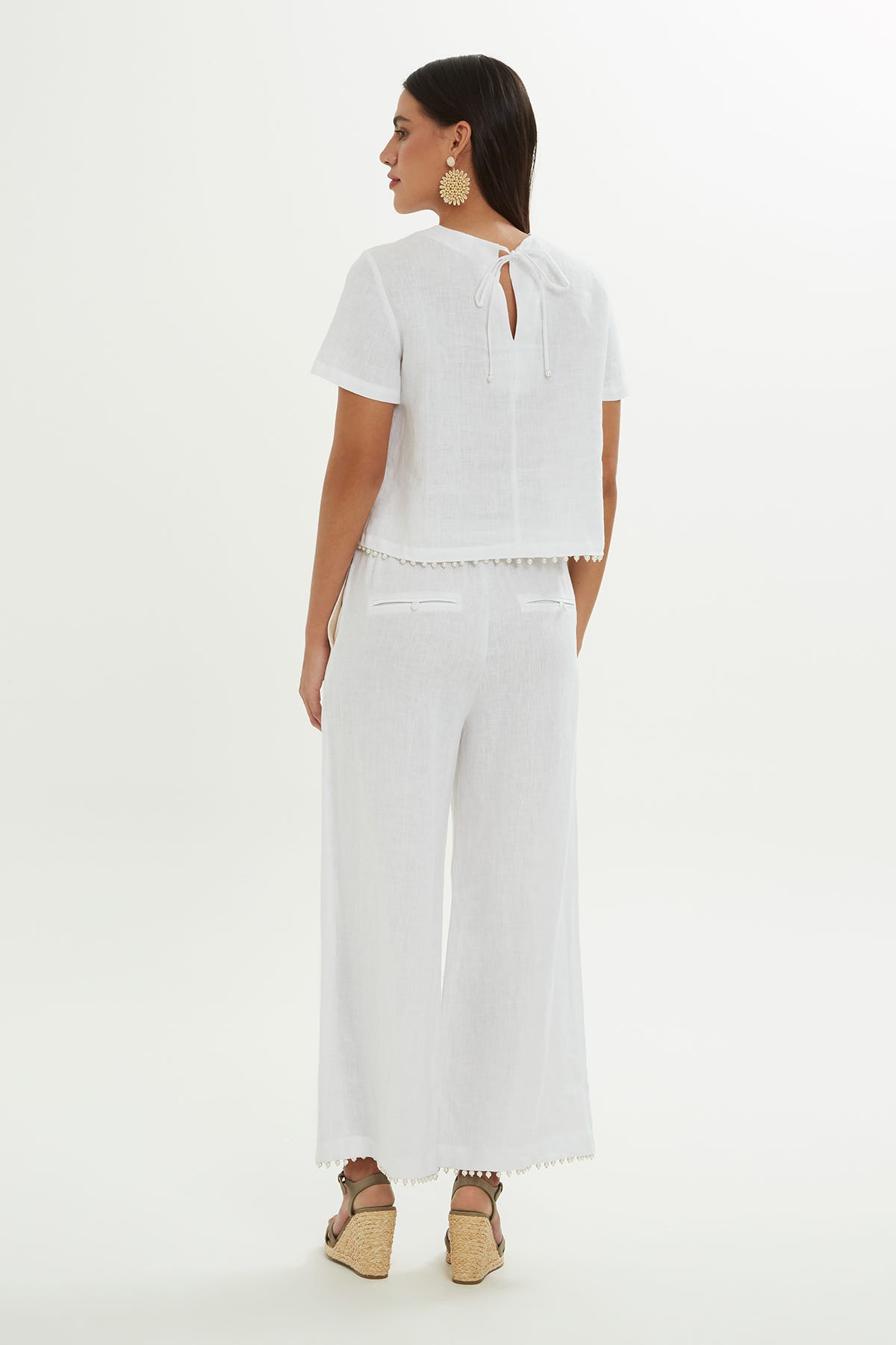 İnci İşlemeli Keten Bluz