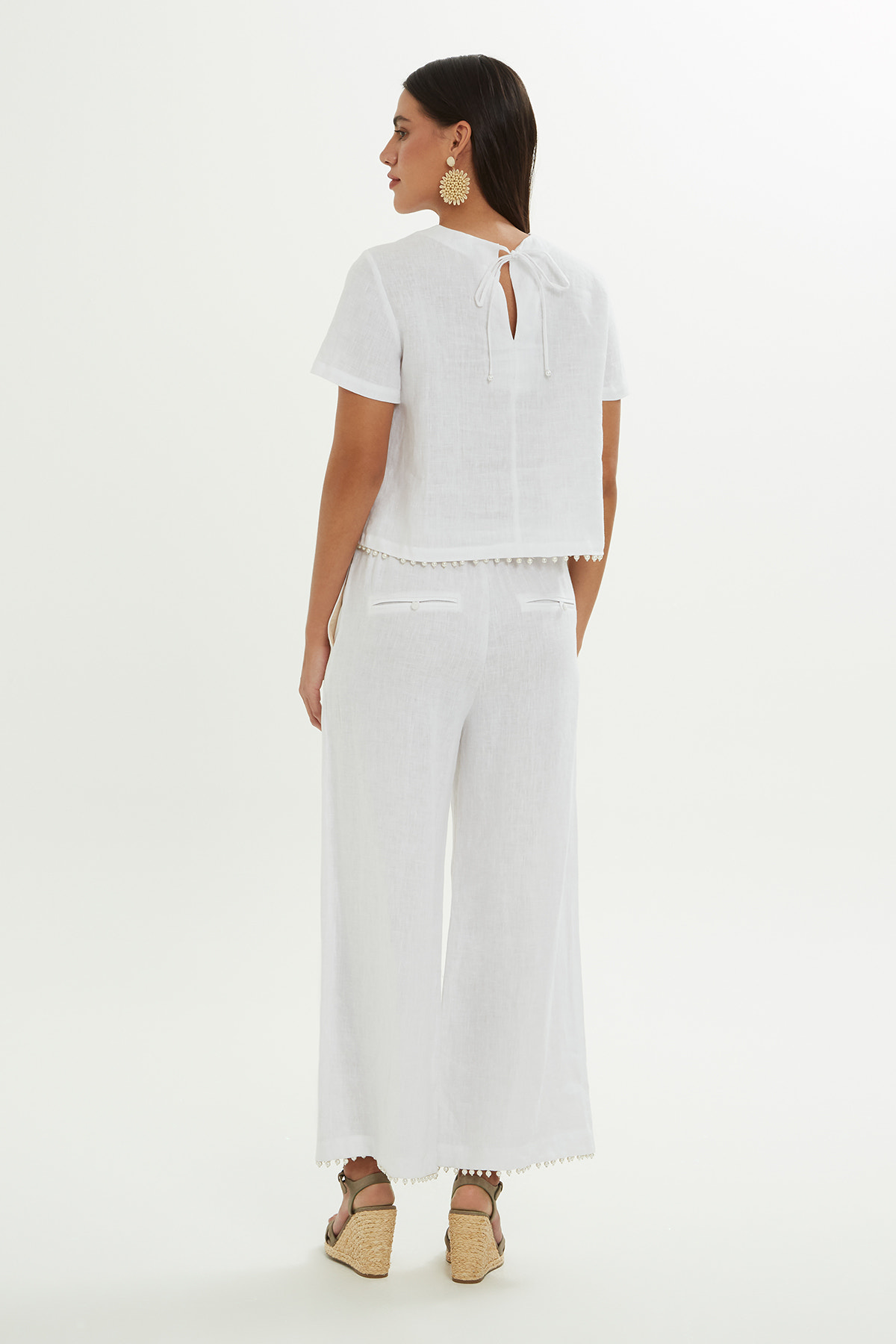 İnci İşlemeli Keten Bluz