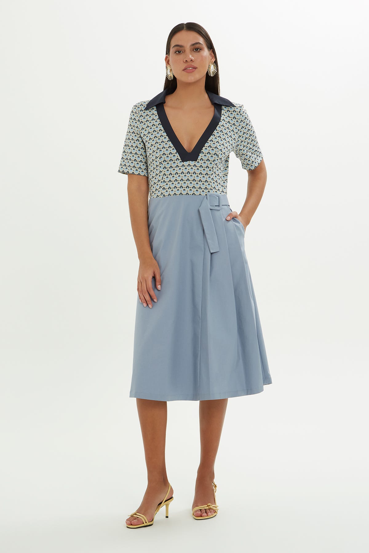 Üst Bedeni Desenli Midi Elbise