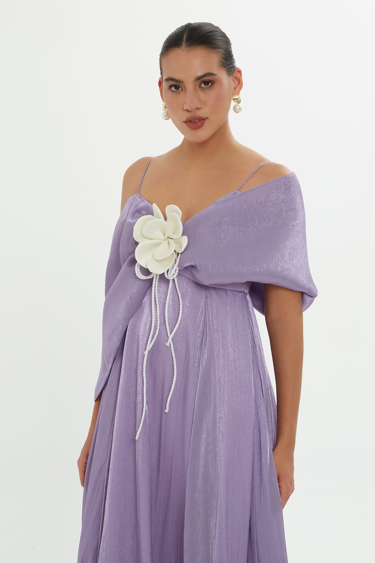 Omuz Drapeli Uzun Elbise