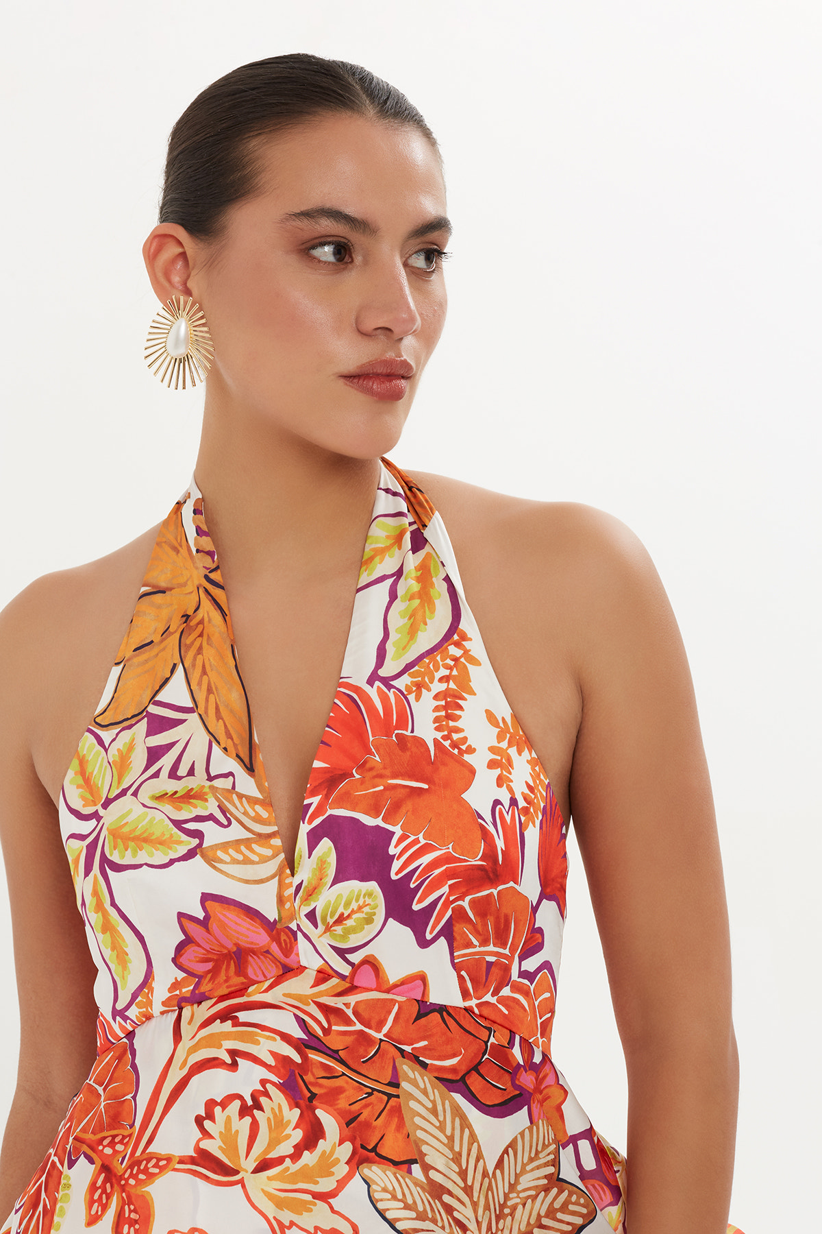 Kat Volanlı Desenli Midi Elbise