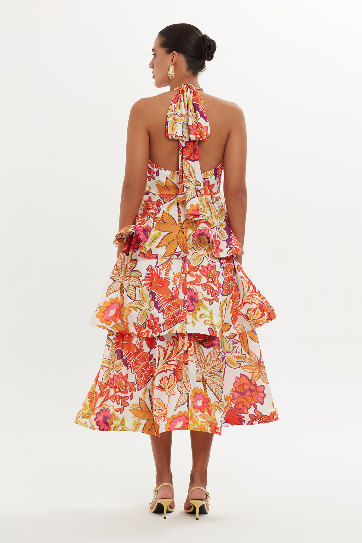 Kat Volanlı Desenli Midi Elbise