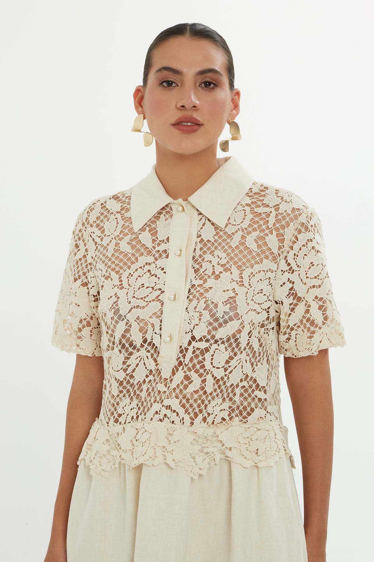 Üstü Dantelli Kısa Kollu Kemik Midi Elbise